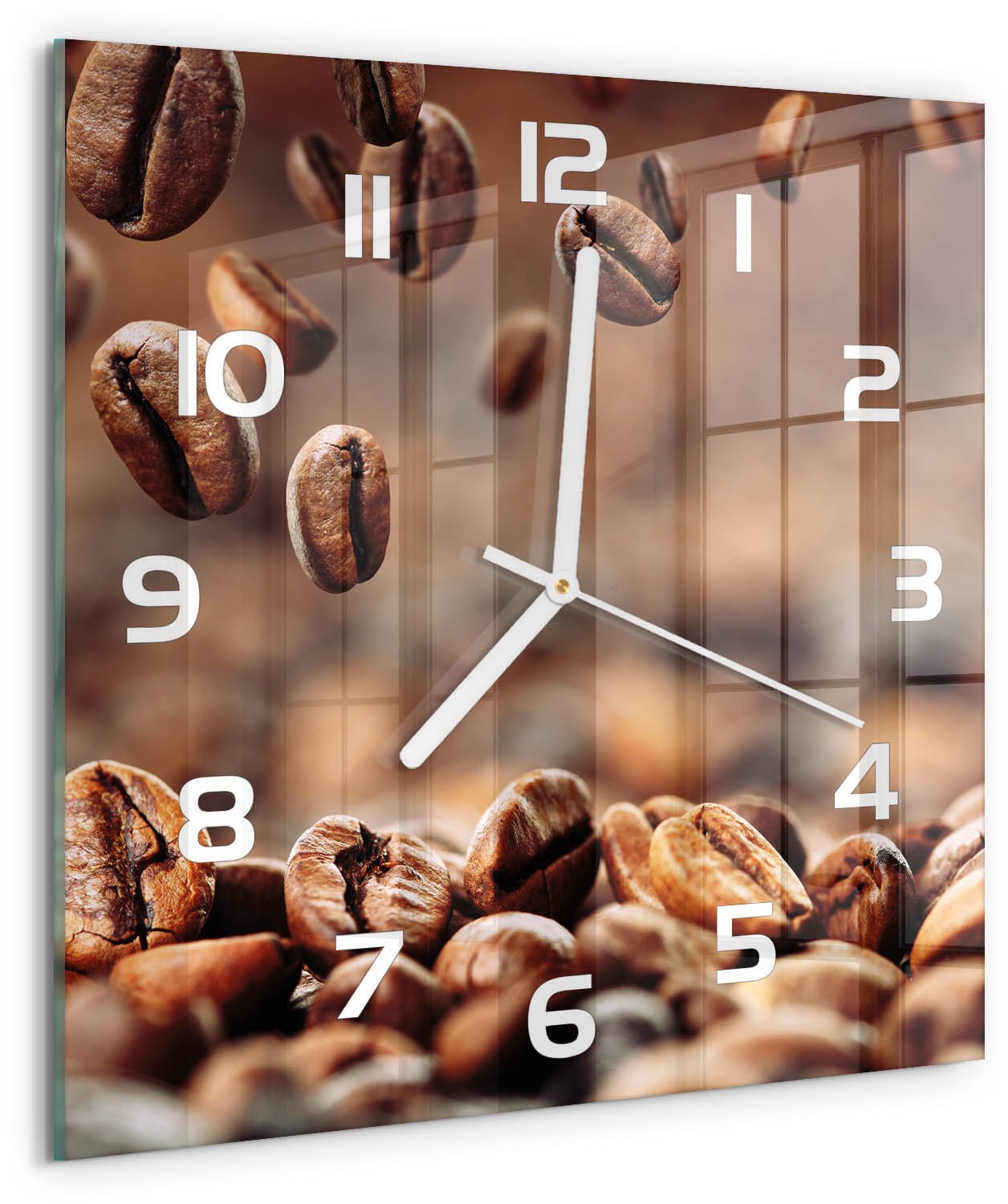 Tulup Wandklok - Koffiebonen Decoratieve Glazen Klok - 30x30 cm - Bruin Glazen Wandklok Design - Witte handen - Vierkante Klok - Glazen Klok Met Print - Wandklok Glas Met Motief