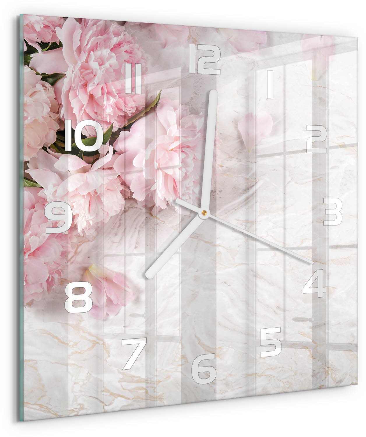 Tulup Wandklok - Pioenrozen Glazen Klok Met Print - 30x30 cm - Roze Wandklok Glas Met Motief - Witte handen - Vierkante Klok - Wandklok Glas Decoratie - Gekleurde Glazen Klok
