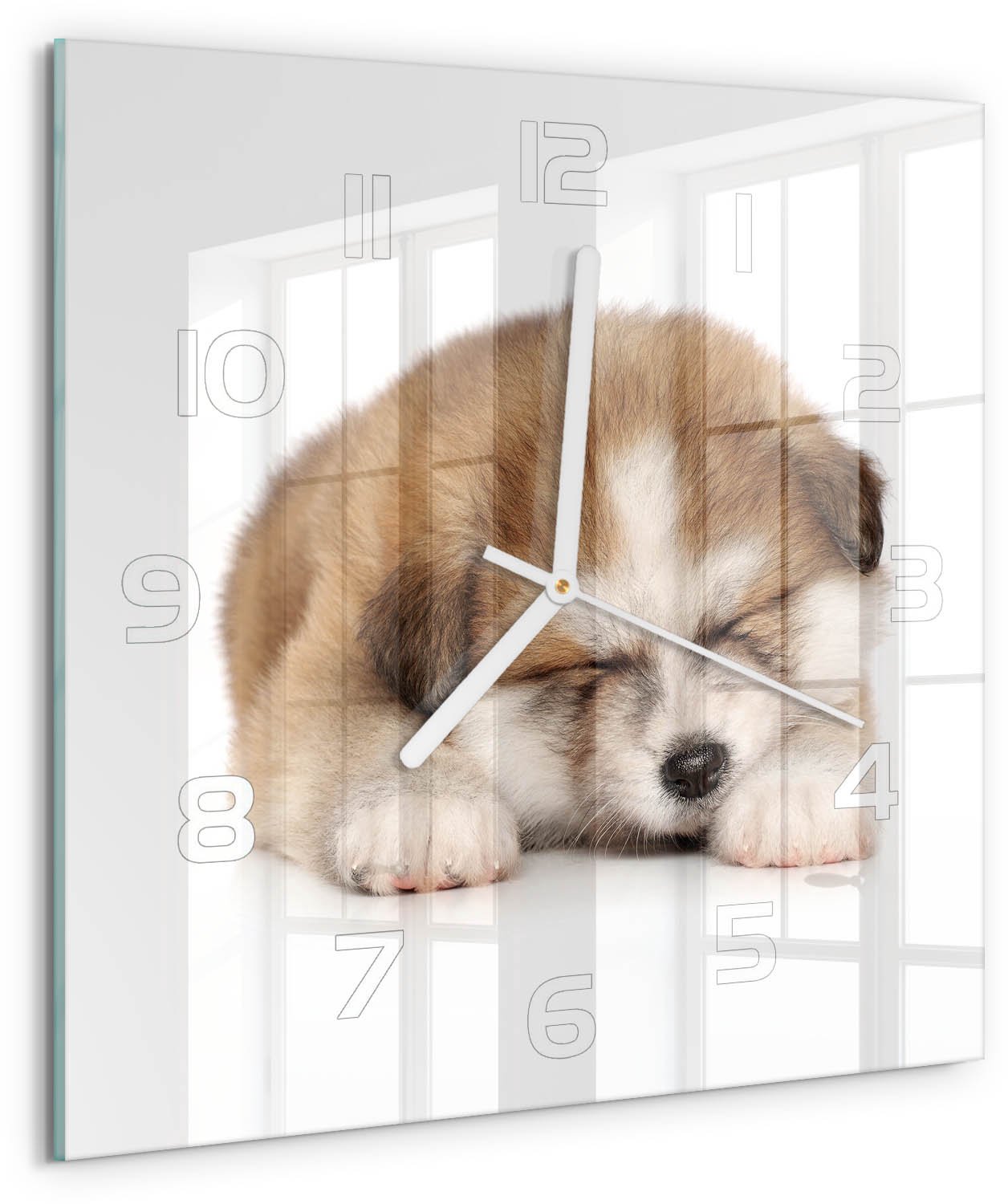 Tulup Wandklok - Akita-puppy Glazen Klok Met Print - 30x30 cm - Oranje Wandklok Glas Met Motief - Witte handen - Vierkante Klok - Wandklok Glas Decoratie - Gekleurde Glazen Klok