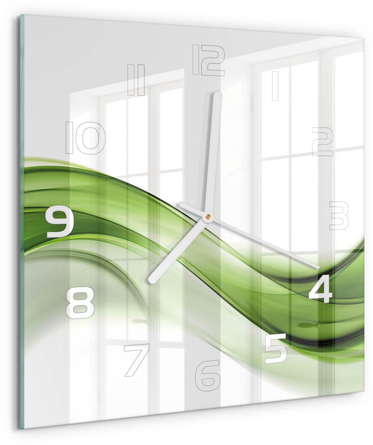 Tulup Wandklok - Groene golf Glazen Wandklok Design - 30x30 cm - Groente Klok Glas Met Opdruk - Witte handen - Vierkante Klok - Wandklok Glas Met Motief - Decoratieve Glazen Klok