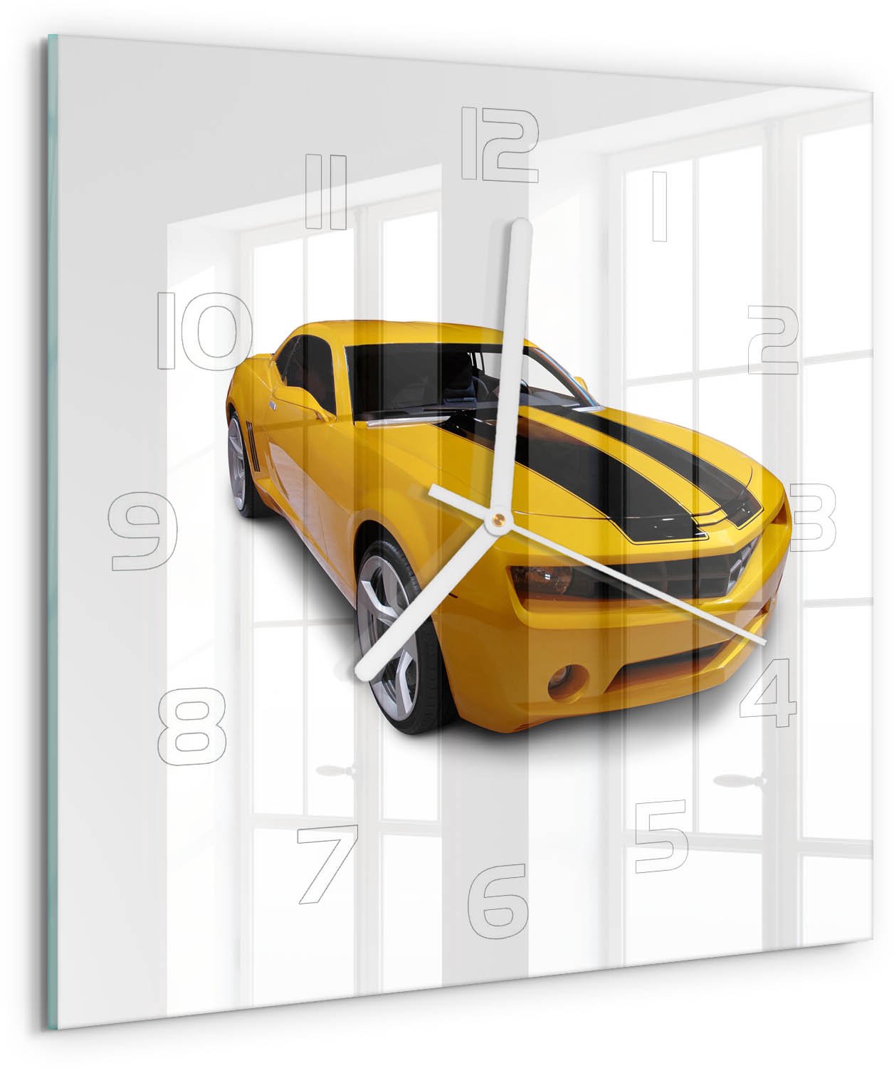 TULUP Wandklok - Sportwagen Wandklok Glas Decoratie - 30x30 cm - Geel Gekleurde Glazen Klok - Witte handen - Vierkante Klok - Klok Glas Met Opdruk - Moderne Wandklok Glas