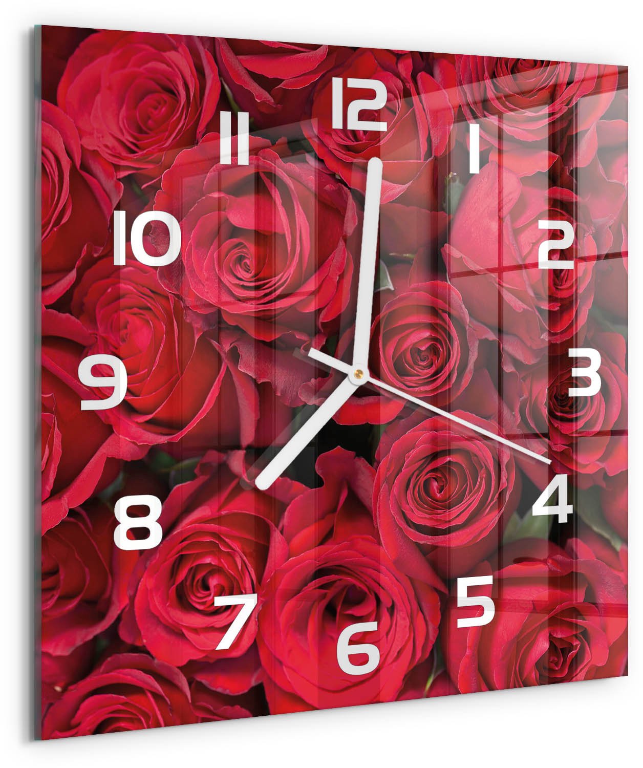 Tulup Wandklok - Rode rozen Wandklok Glas Met Motief - 30x30 cm - Rood Decoratieve Glazen Klok - Witte handen - Vierkante Klok - Gekleurde Glazen Klok - Glazen Klok Met Print