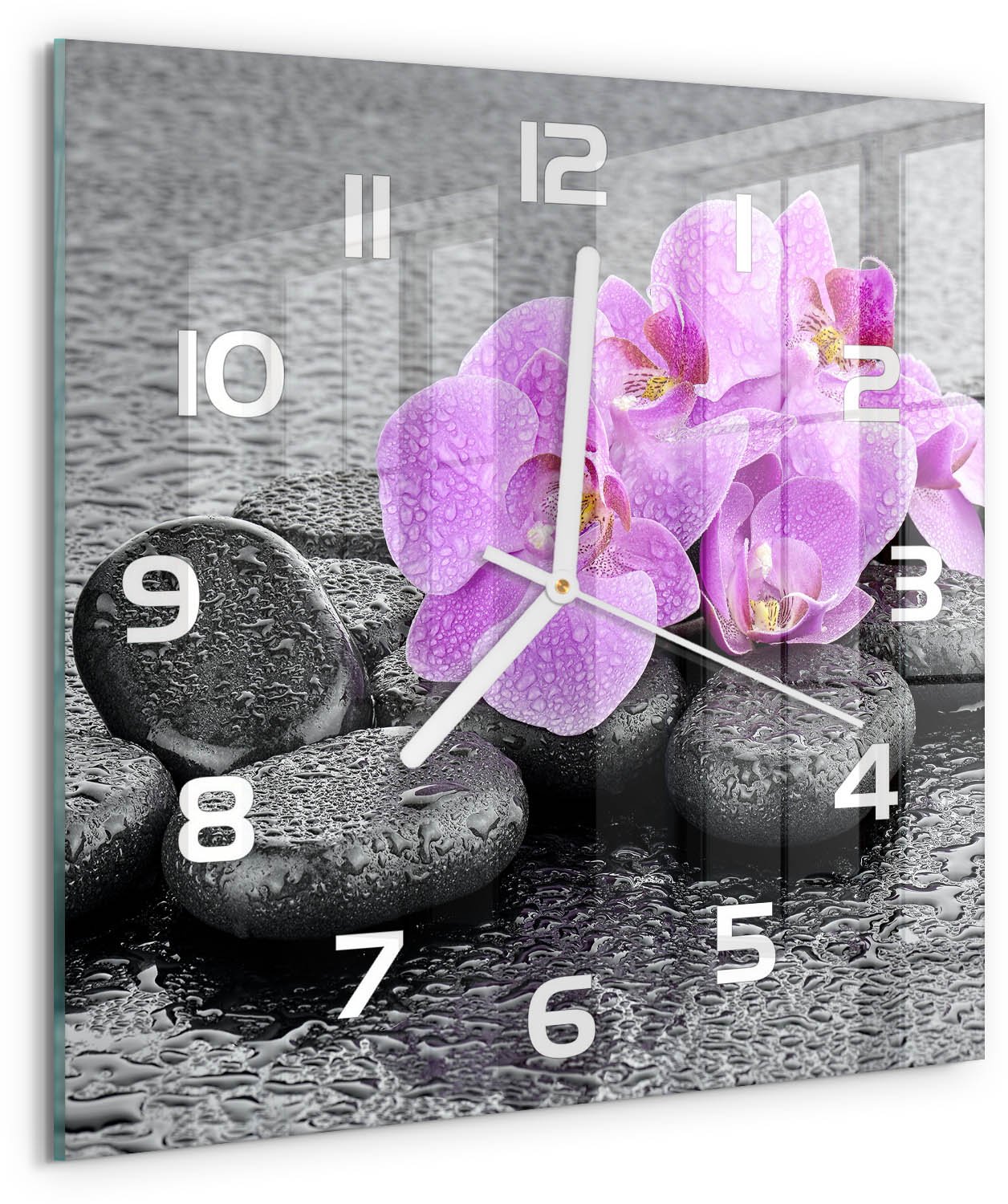 Tulup Wandklok - Orchideeënstenen Glazen Klok Met Print - 30x30 cm - Roze Wandklok Glas Met Motief - Witte handen - Vierkante Klok - Wandklok Glas Decoratie - Gekleurde Glazen Klok