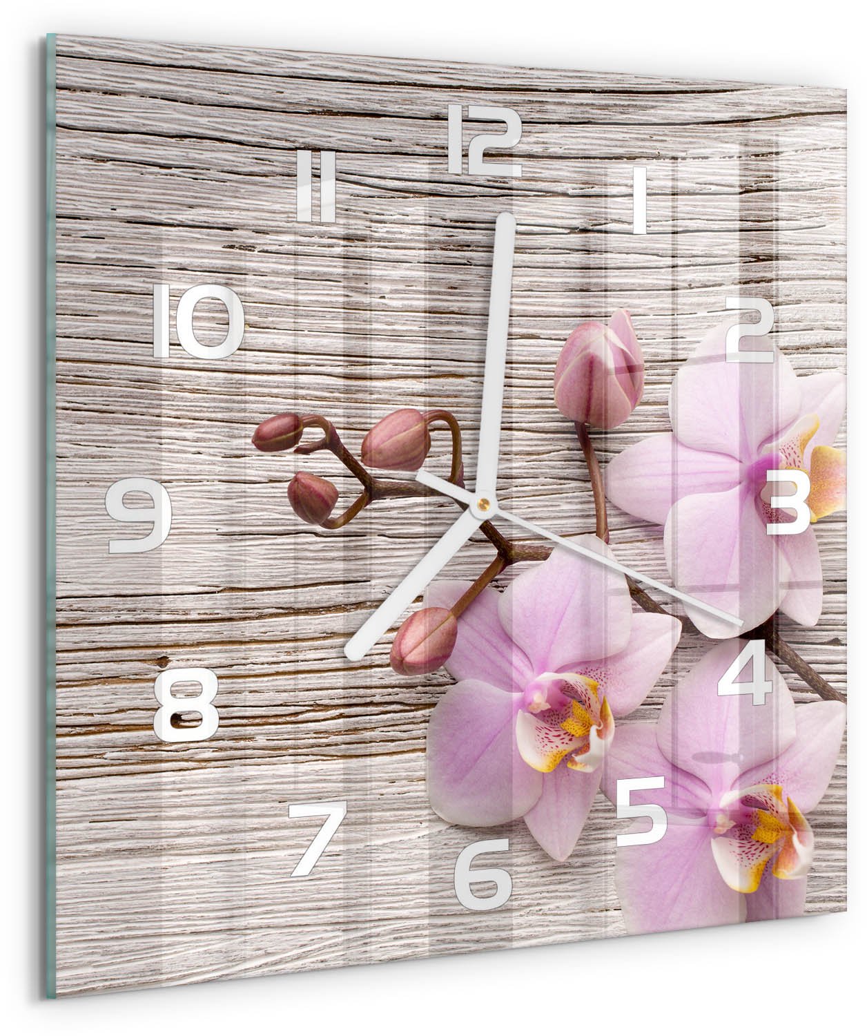 Tulup Wandklok - Orchidee op hout Wandklok Glas Met Motief - 30x30 cm - Beige Decoratieve Glazen Klok - Witte handen - Vierkante Klok - Gekleurde Glazen Klok - Glazen Klok Met Print