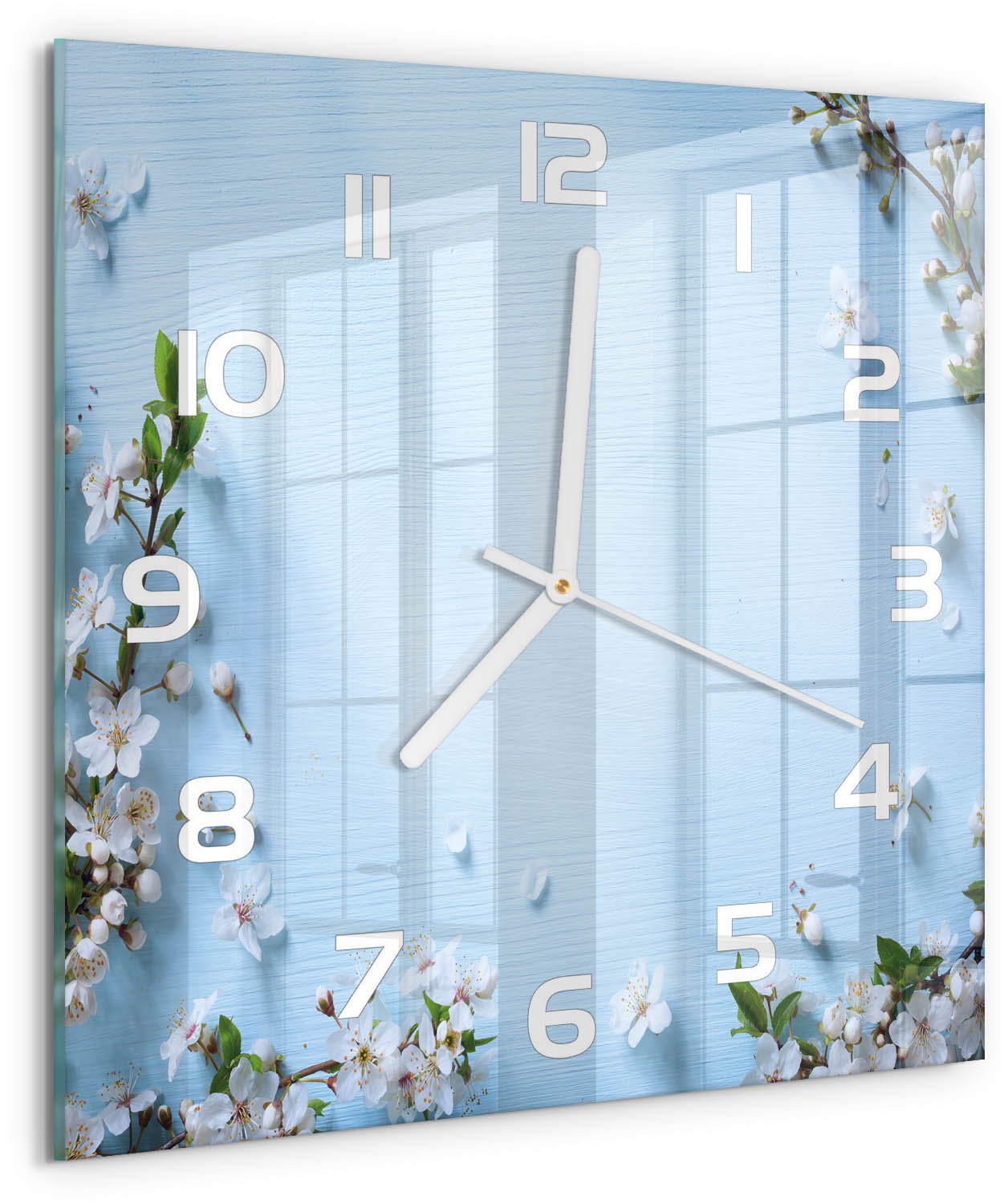 Tulup Wandklok - Achtergrond met kersenbloesem Glazen Wandklok Design - 30x30 cm - Blauw Klok Glas Met Opdruk - Witte handen - Vierkante Klok - Wandklok Glas Met Motief - Decoratieve Glazen Klok