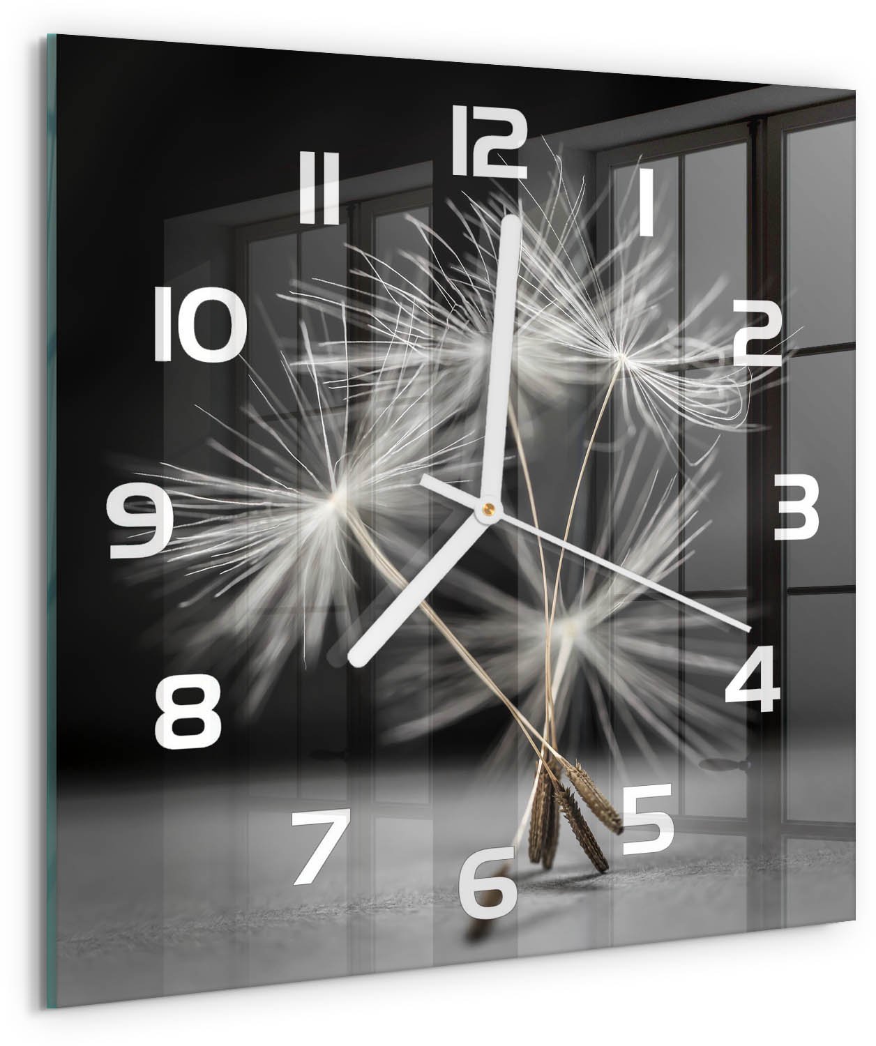 Tulup Wandklok - Paardenbloemzaden Decoratieve Glazen Klok - 30x30 cm - Zwart-wit Glazen Wandklok Design - Witte handen - Vierkante Klok - Glazen Klok Met Print - Wandklok Glas Met Motief