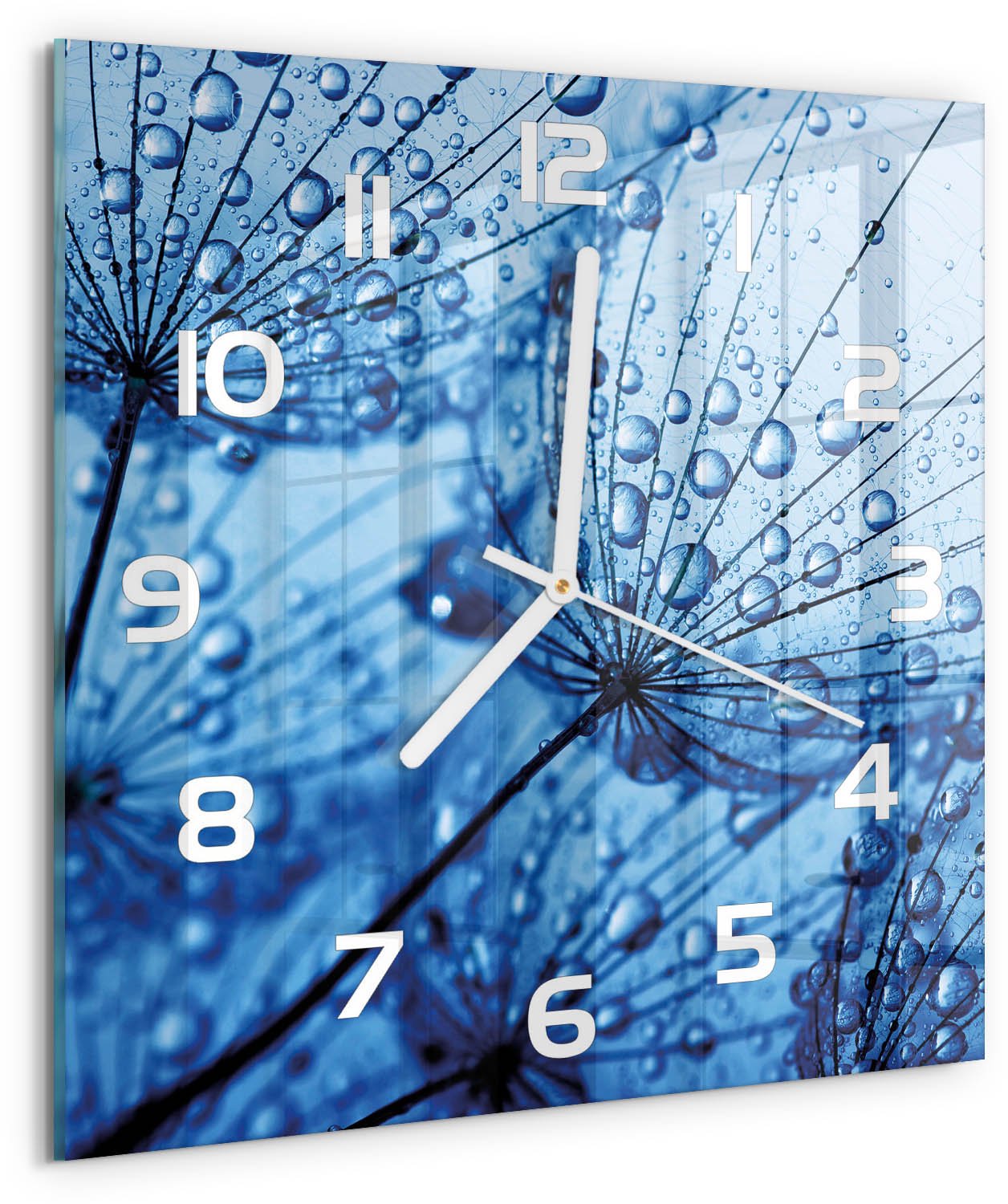 Tulup Wandklok - Paardenbloemzaden Wandklok Glas Decoratie - 30x30 cm - Blauw Gekleurde Glazen Klok - Witte handen - Vierkante Klok - Klok Glas Met Opdruk - Moderne Wandklok Glas