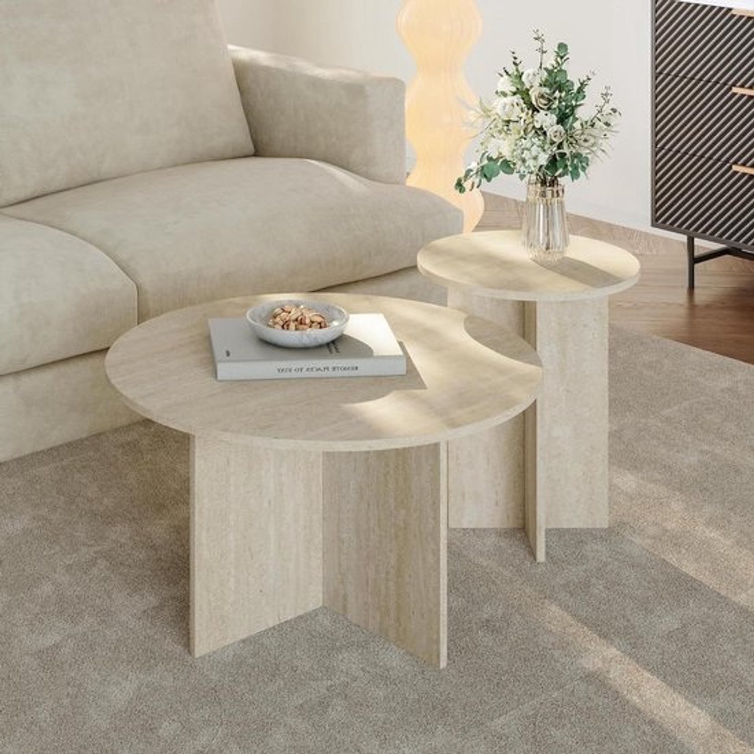 Salontafel set - Tafels wonen - Woonkamer inrichten - Twee maten - 40x49 cm - Travertin