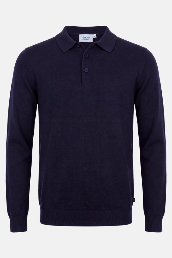 Donkerblauwe polo met lange mouwen en label 'VERCATE Cashmere Blend' in de kraag.