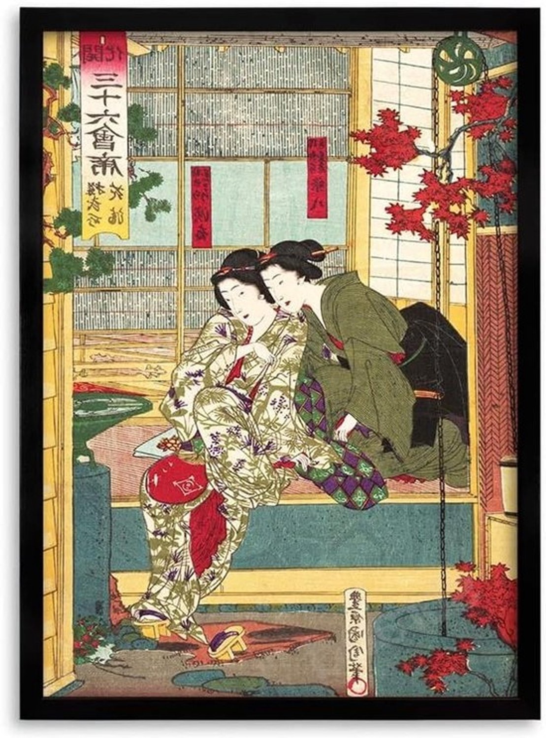 Japanse Ukiyo-e Geisha Maiko Art Print Poster - Toyohara Kunichika Muurdecoratie, Mooie Muur Decor (Zwart Klein)
