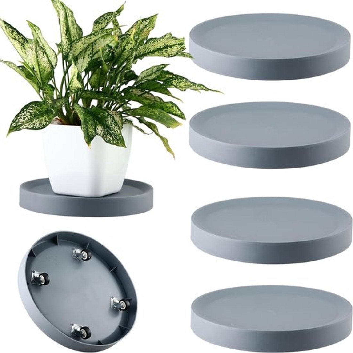 Plantenhouder met wielen - Rollende plantenstandaard - Verplaatsen van potten - Verborgen wielen ontwerp - 28 cm diameter - Grijs