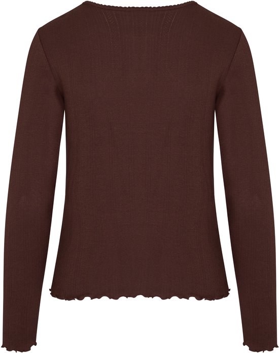 Bruin pyjamashirt met lange mouwen en een geschulpte zoom, achterkant.
