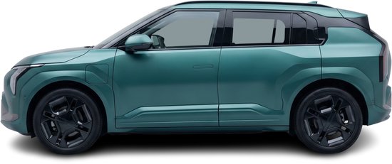 Zij-aanzicht van een teal-groene Kia EV3 uit 2024 met zwarte velgen.