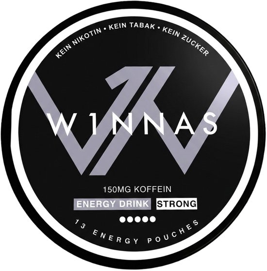 Zwarte ronde verpakking met het logo 'W' en 'WINNAS', tekst '150MG KOFEINE', 'ENERGY DRINK STRONG' en '13 ENERGY POUCHES'.