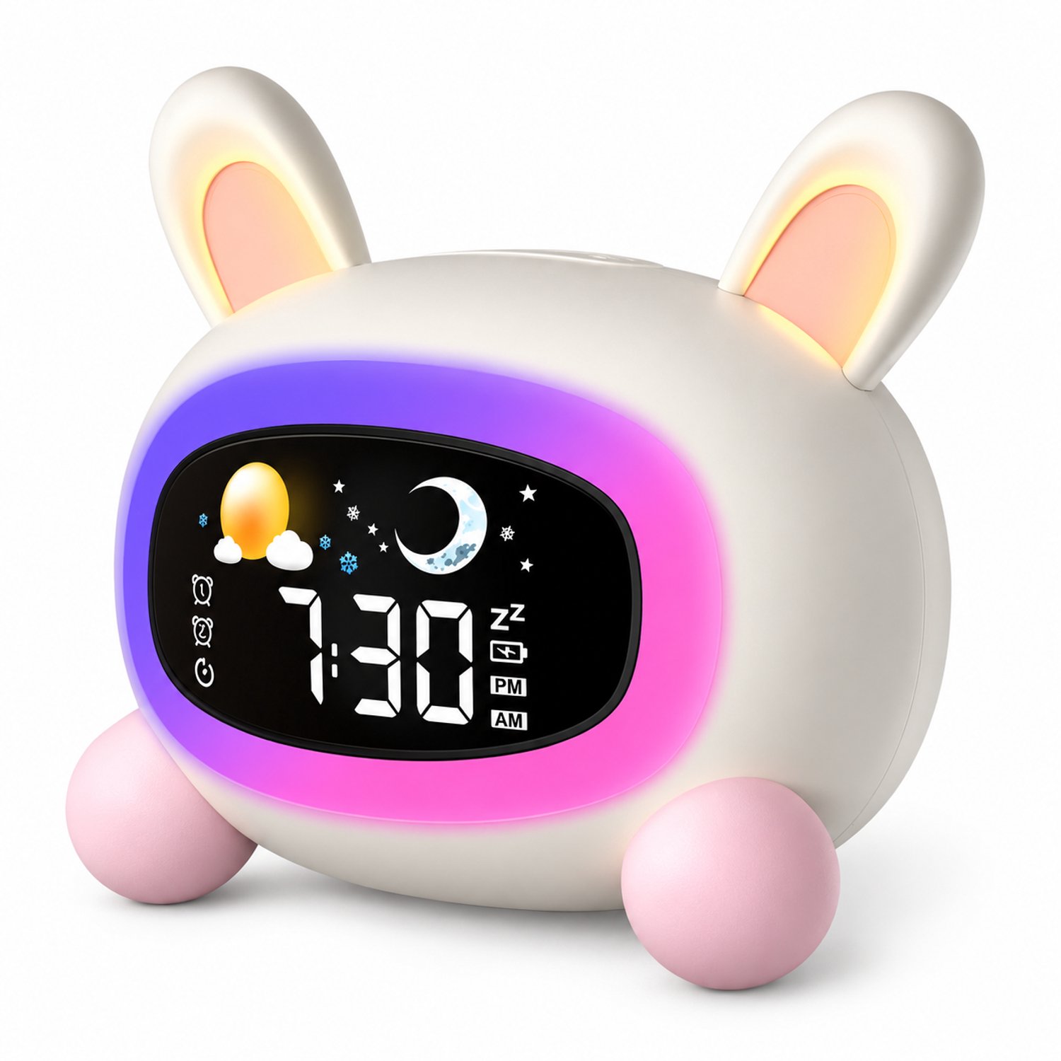 Slaaptrainer Konijn – Kinderwekker met Nachtlampje – 5 Lichtstanden – 7 Slaapgeluiden – Dubbel Alarm – Wit/Roze