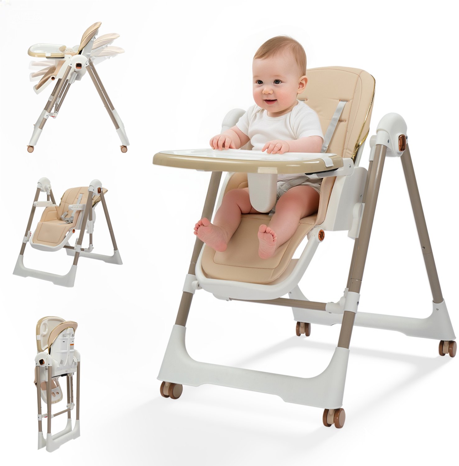 Kinderstoel - LEADZM - Kinderstoel voor baby, 2-in-1 babykinderstoel, Wiegfunctie, opvouwbaar en draagbaar - Beige