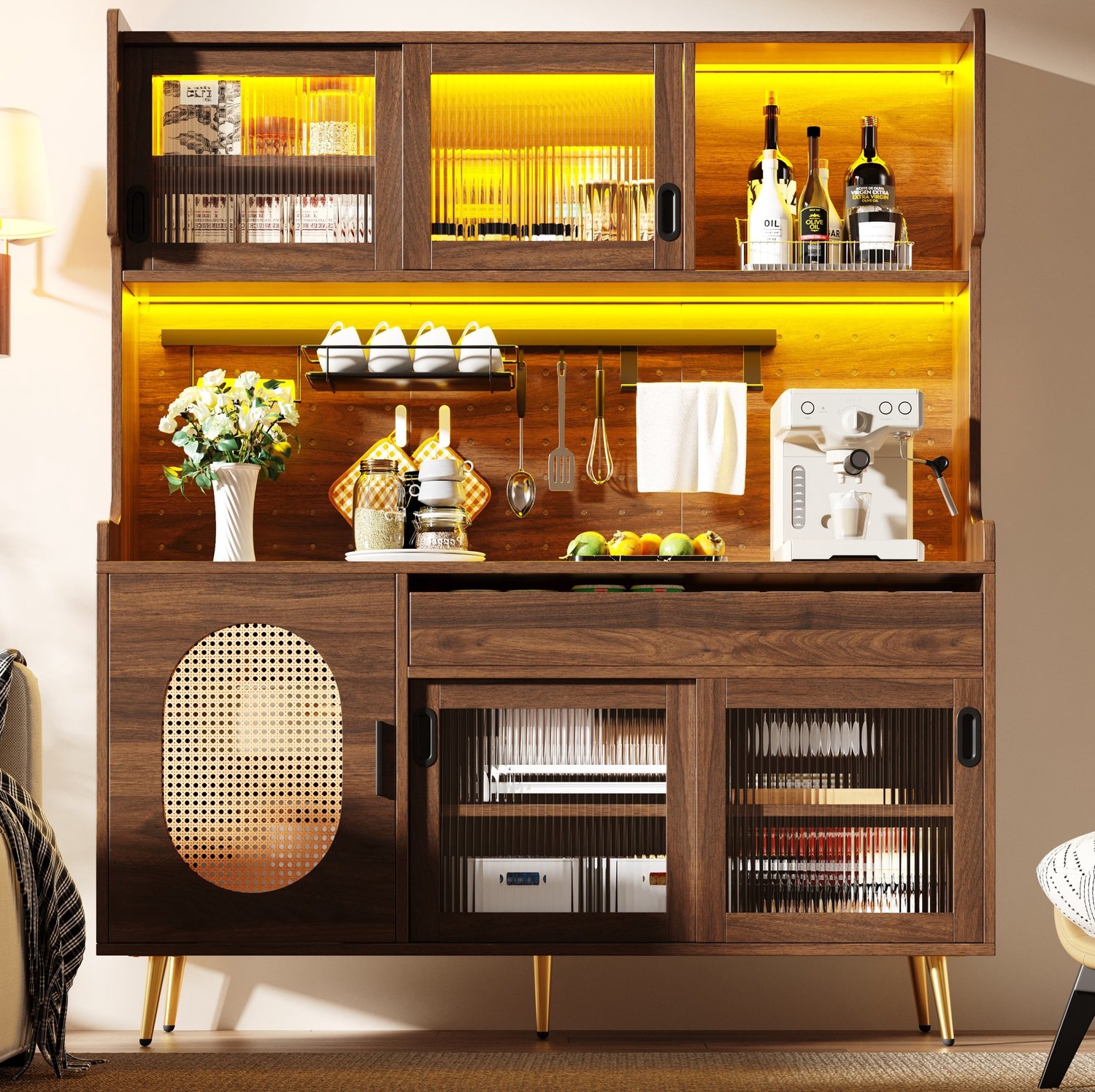 Maisentiel Buffetkast met glazen deuren en LED-verlichting - bruin - 145 x 39 x 171 cm