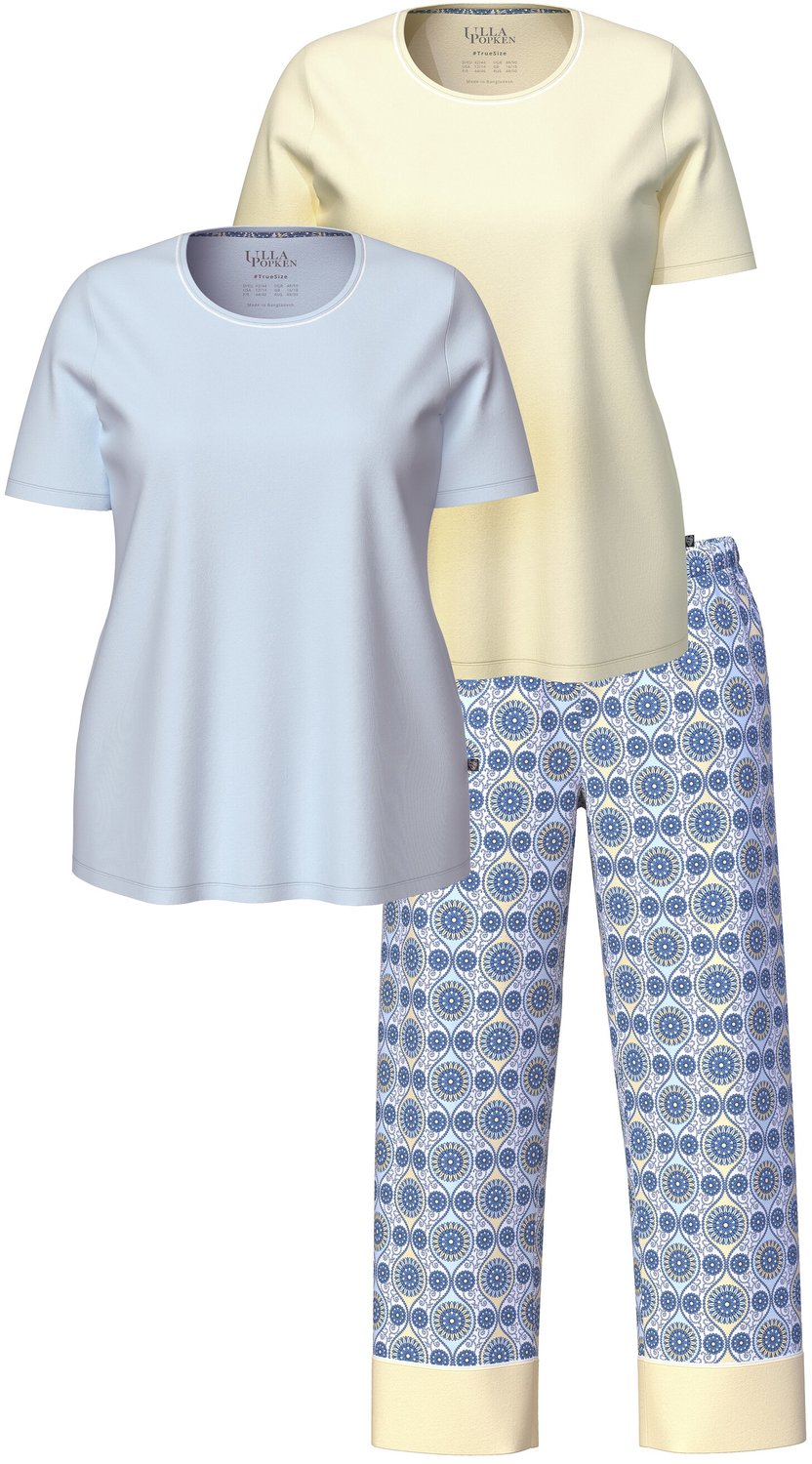 Ulla Popken Dames - Pyjama set van 3 grafisch patroon ronde hals korte mouwen - Bleekgeel - Maat 54+