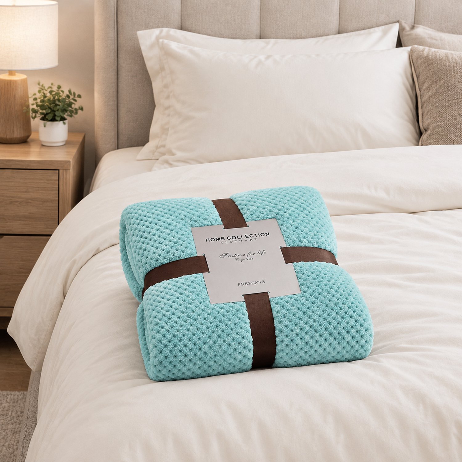 SWGOTA Flanellen deken 127 x 152 cm, aquablauw polyester met wafelstructuur, verpakt met lint en kaart