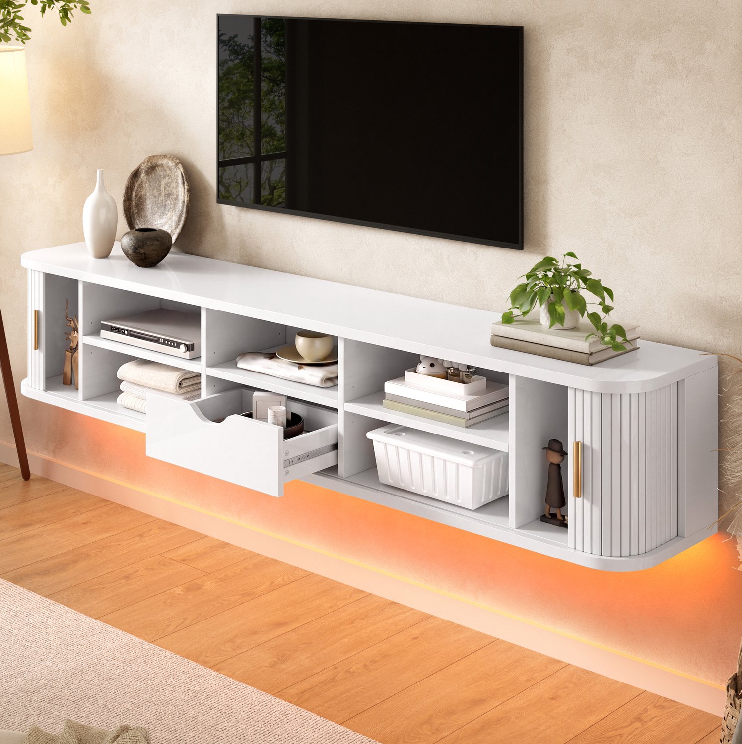 DESMIU Zwevend Tv-Meubel - Wandhangende Tv-Kast met Schuifdeuren, Lade en Verstelbare Planken - Ledlicht voor Woonkamer - MDF Wit - 175x30x30 Cm