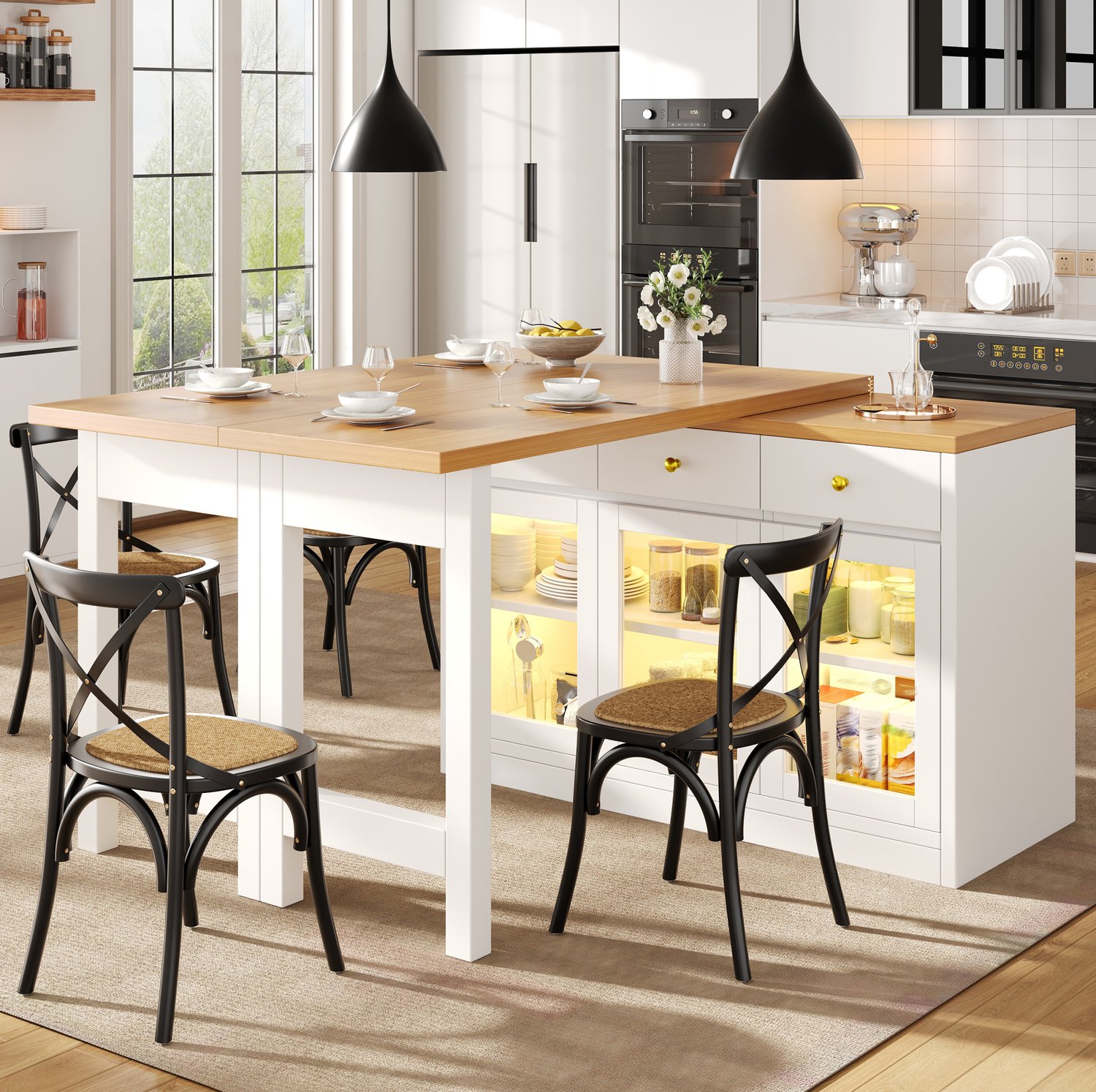 Maisentiel Uitschuifbaar keukeneiland met eettafel 120-200 cm - 3 lades en RGB-ledverlichting - wit