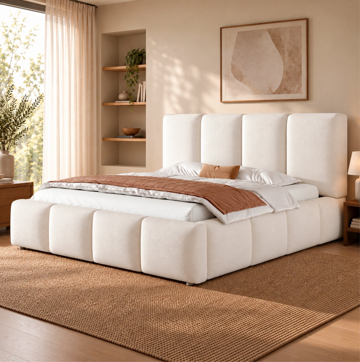Maisentiel Gestoffeerd tweepersoonsbed 160 x 200 cm - wit bouclé - met opbergruimte en lattenbodem
