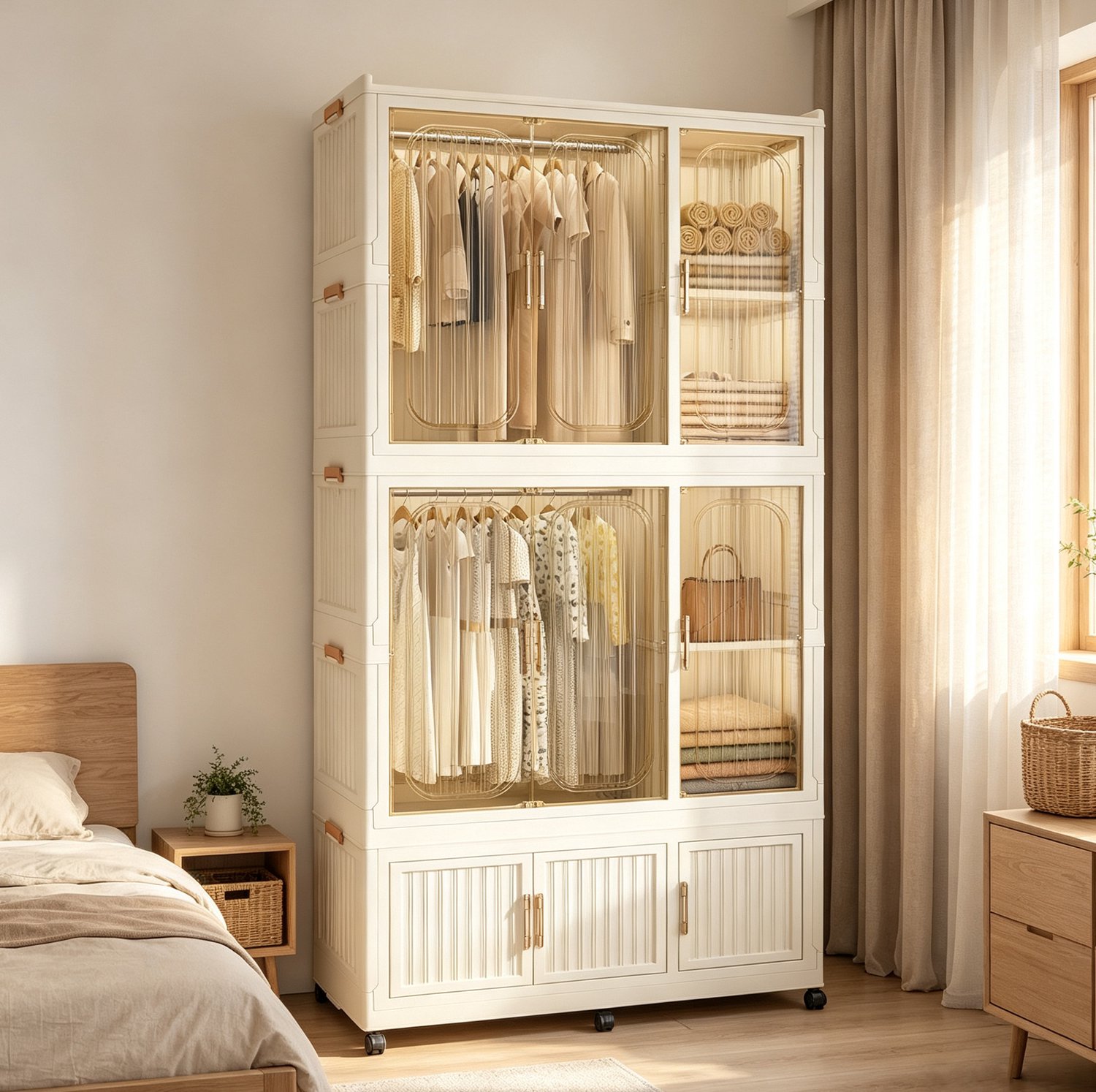 HAUSS SPOLE Kledingkast - Opvouwbaar Met 9 Magnetische Deuren - Voor Slaapkamer En Huurwoning - Polypropyleen - Crèmewit - 92x45x196 Cm