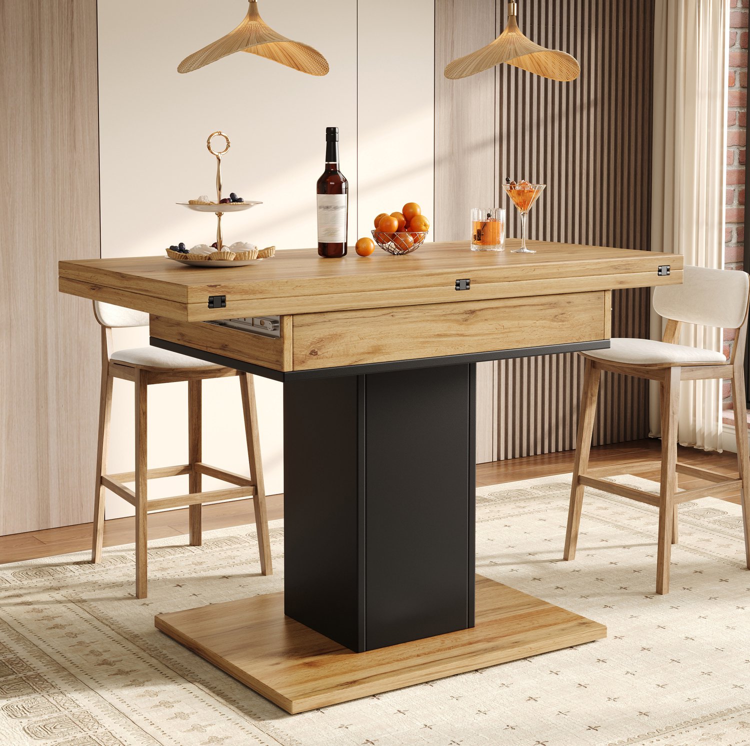 Maisentiel Uitschuifbare eettafel met opklapbaar blad en opbergruimte - naturel - 120 x 120 cm