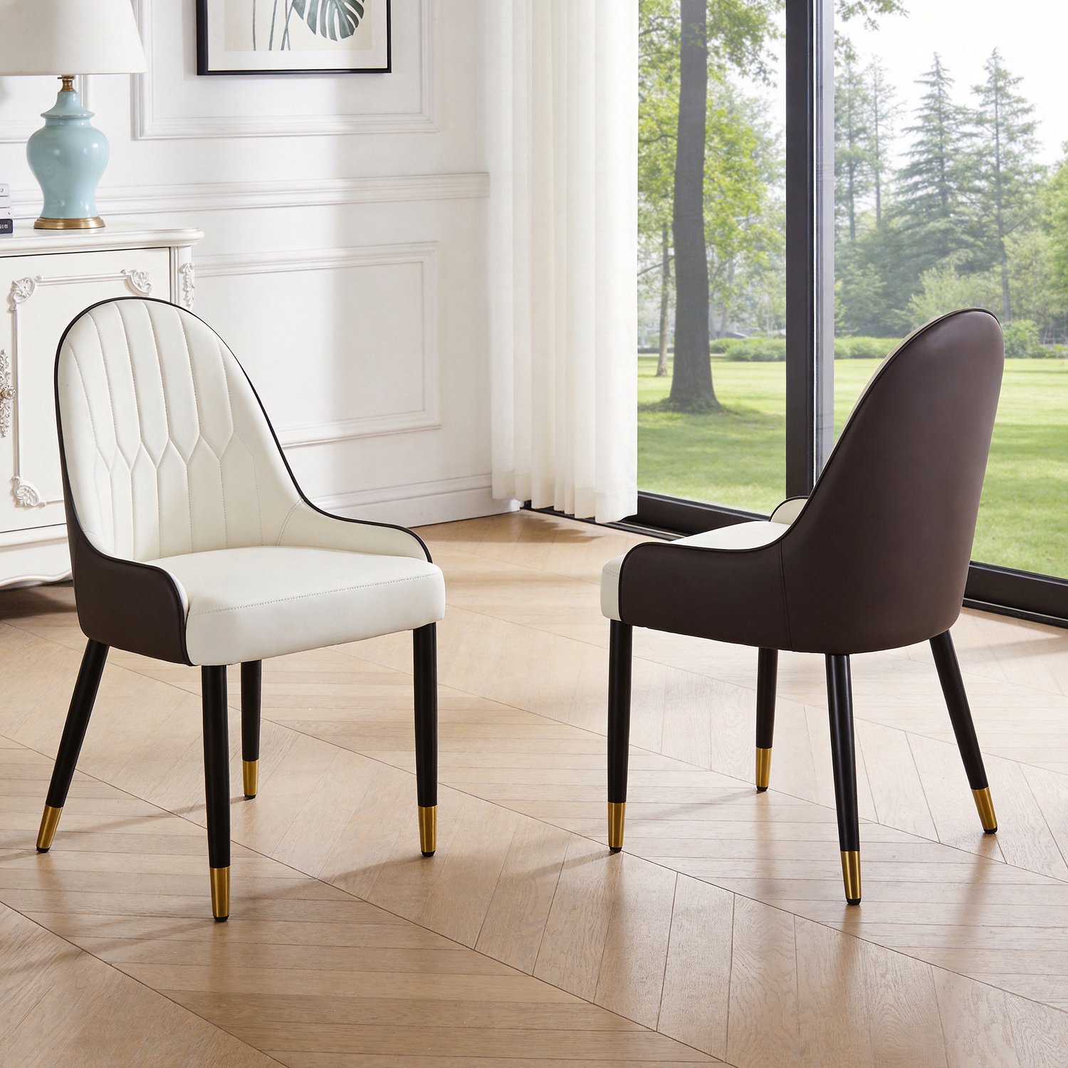 Clruro Eetkamerstoelen - 2 Stuks - Ergonomische Rug - Waterafstotend - PU/Metaal - Wit en Bruin