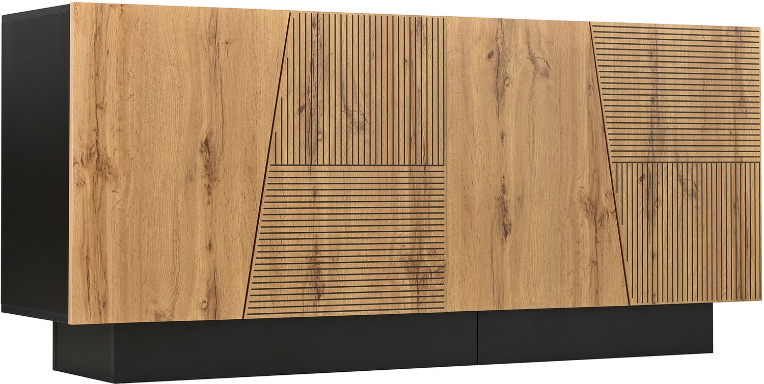 Ropilly Modern dressoir 160 cm - Met deuren en verstelbare legplank - Spaanplaat in zwart en houtkleur - Geometrische fronten - Voor woonkamer en eetkamer