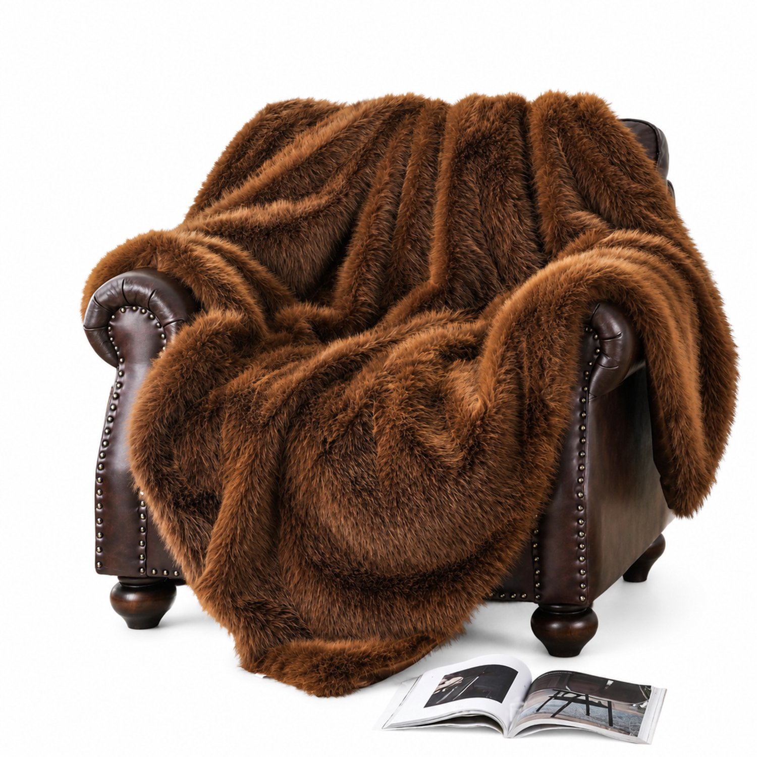 SWGOTA Imitatiebont plaid 127 x 152 cm met lange pool en strepen, 100% polyester, koffiebruin met goudtint