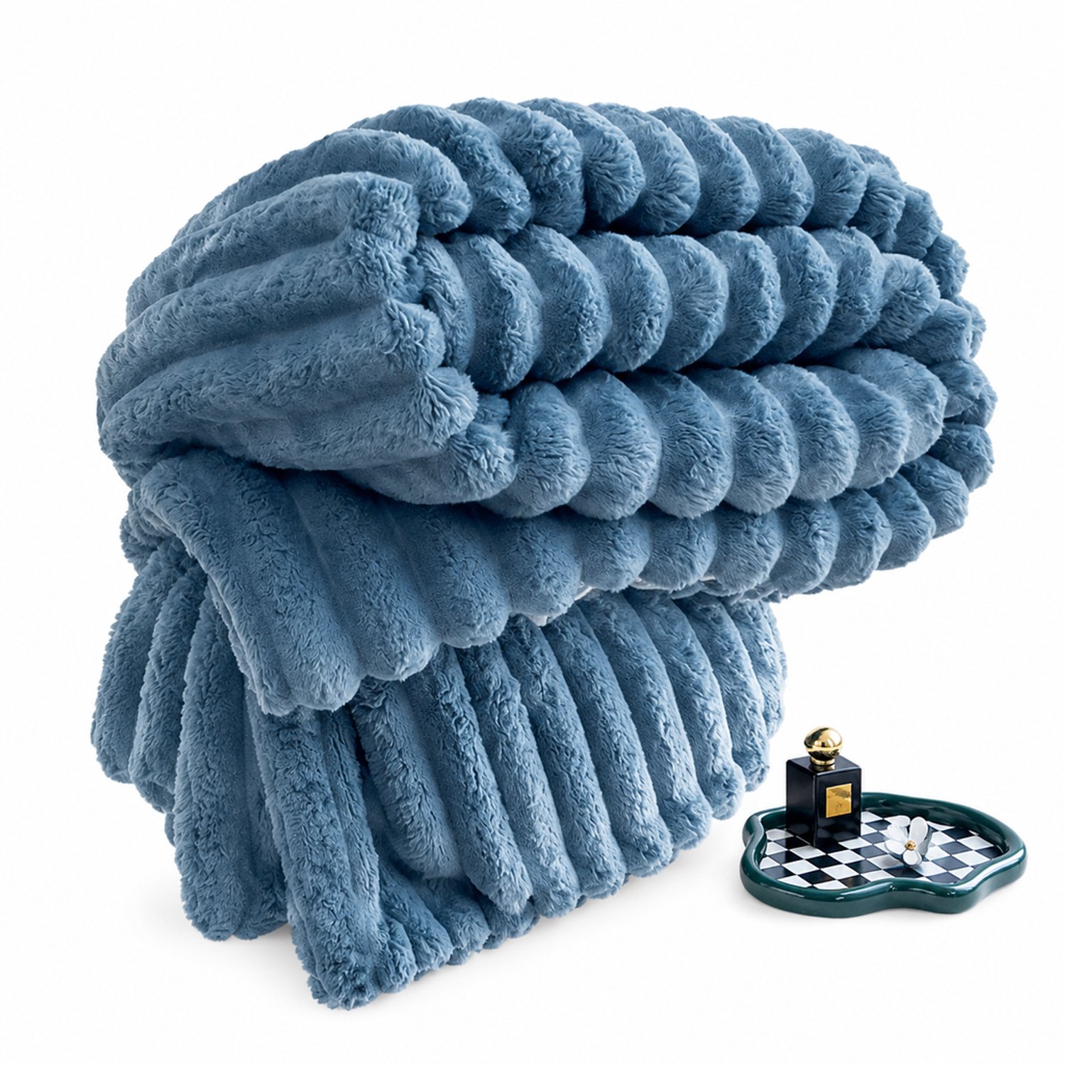 SWGOTA Blauwe gestreepte pluche plaid 150 x 200 cm van polyester, machinewasbare bankdeken