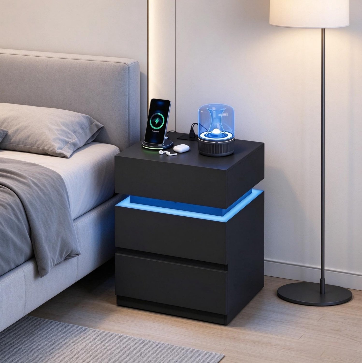 REDOM Nachtkastje 40x35x55 cm - LED, 2 lades en oplaadstation met 2 stopcontacten en 2 USB-aansluitingen - Zwart