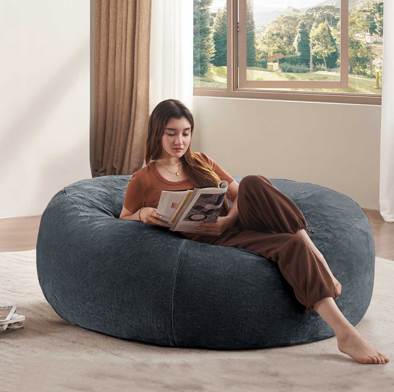 STILVORA Zitzak 120 x 120 x 60 cm - Rond Model met Veerkrachtige Traagschuimvulling - Voor Woonkamer en Slaapkamer - Flanel - Grijs Blauwgrijs
