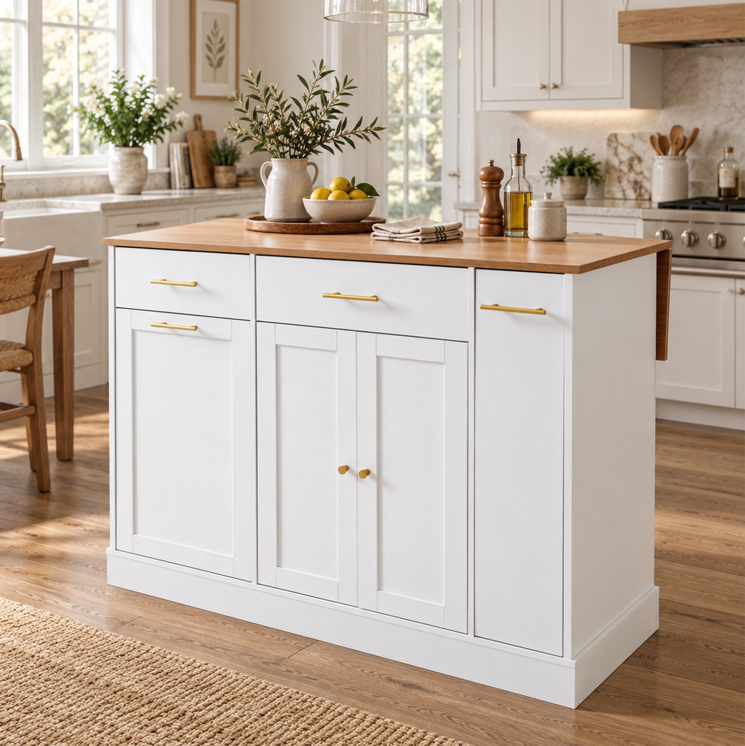 DESMIU Keukeneiland - Opklapbaar Werkblad en Uittrekbaar Zijrek - Voor Koken en Opbergen - Spaanplaat - 120x70x91,5 cm - Wit en Naturel Wit en naturel houtkleur