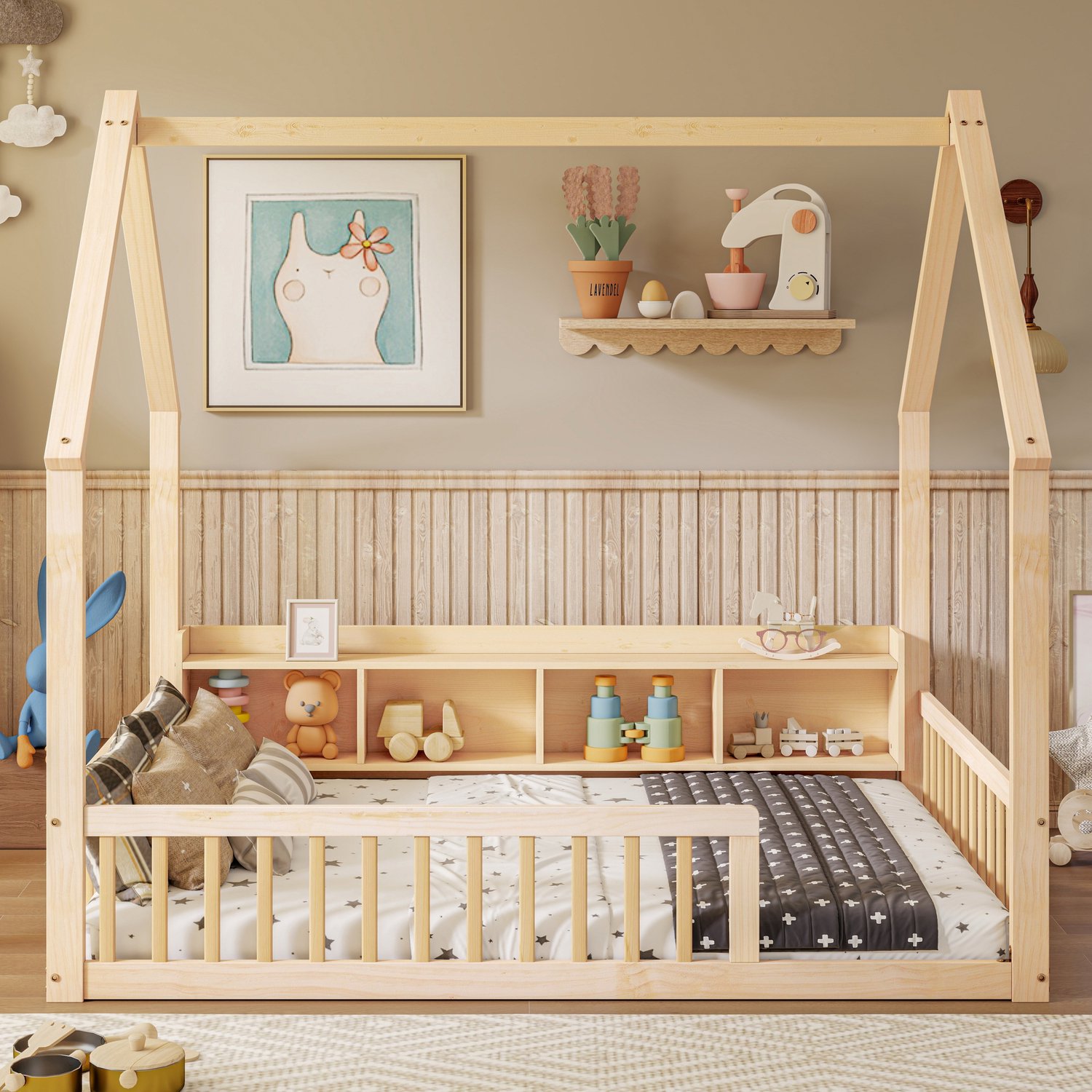 Merax Bodemvrij bed 140x200 cm - met opbergvakken - veiligheidsranden - hout