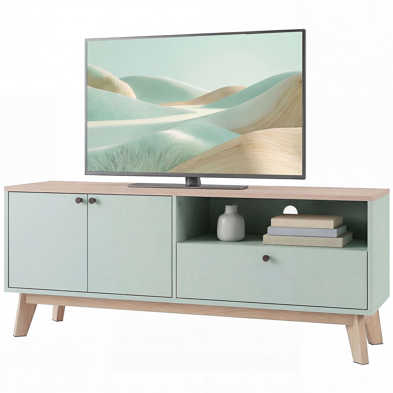 Lunpog TV-Meubel 120 cm - TV-Kast voor Televisies tot 36 Inch - Met 2 Deuren - Lade en Open Vak - Lichtgroen