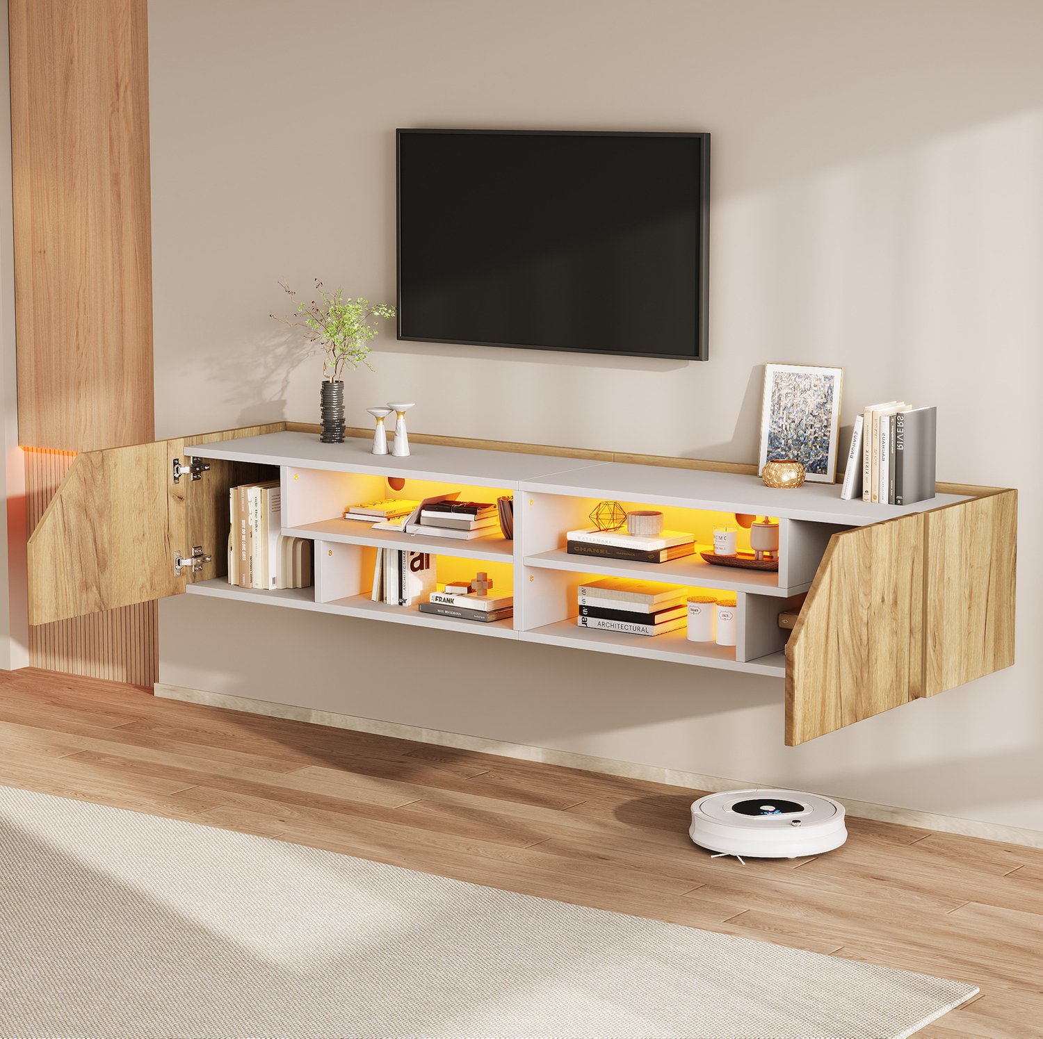 DESMIU Zwevend Tv-Meubel - Wandmontage met Ledverlichting en Bluetooth - 2 Deuren en 6 Vakken voor Woonkamer - Wit en Houtkleur - 180x36,5x40 Cm