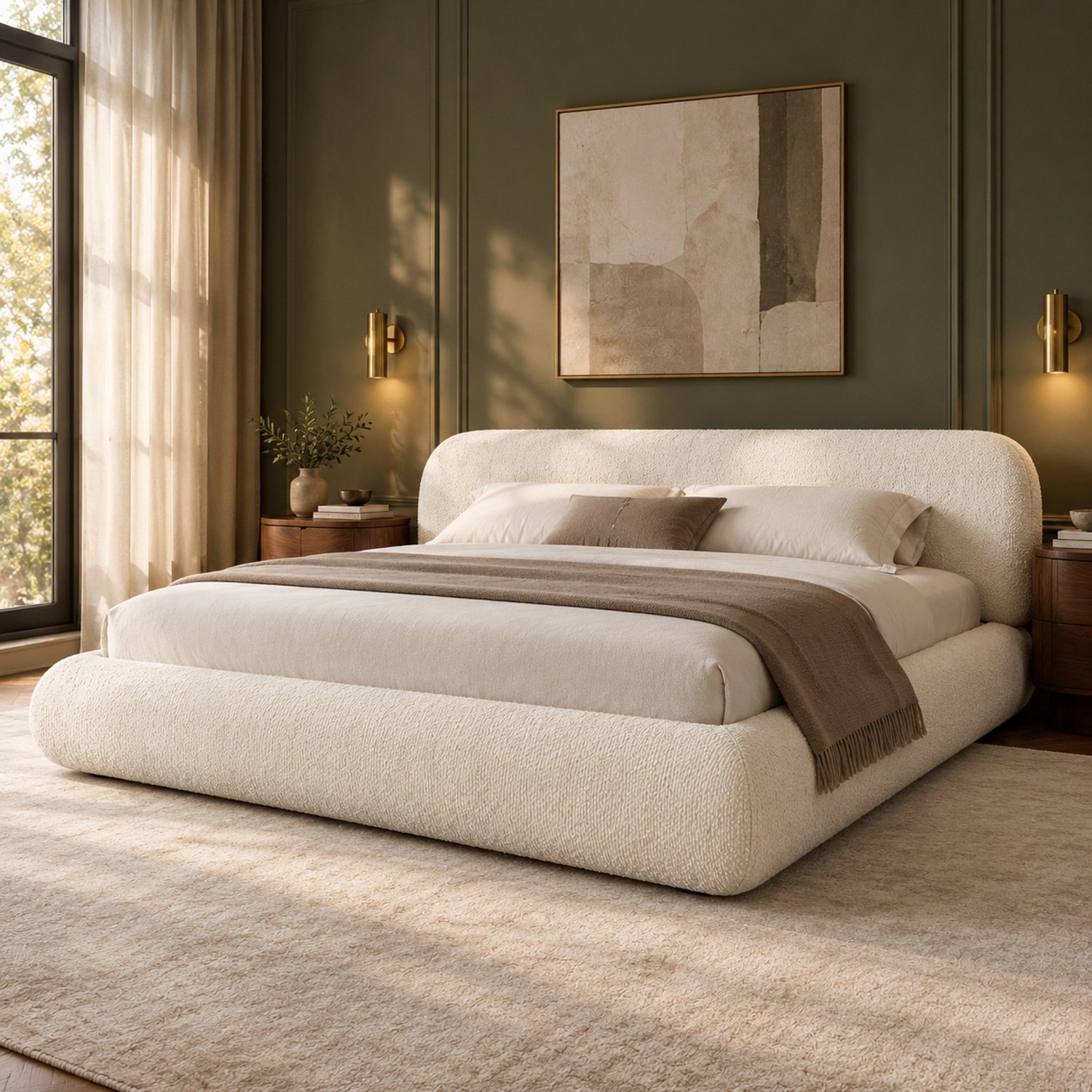 MODFU Gestoffeerd Bed - Met Lattenbodem En Hoofdbord - Chenille - Beige - 160 X 200 Cm