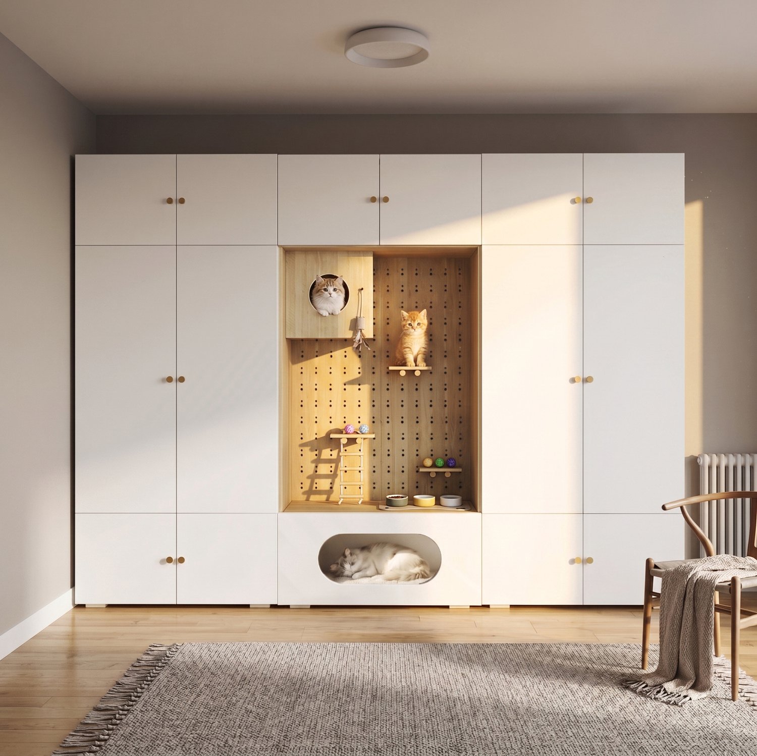 HAUSS SPOLE Kledingkast - Kattenklimwand en Kledingstang - voor Slaapkamer en Woonkamer - Spaanplaat - Wit en Houtlook - 270x50x200 cm