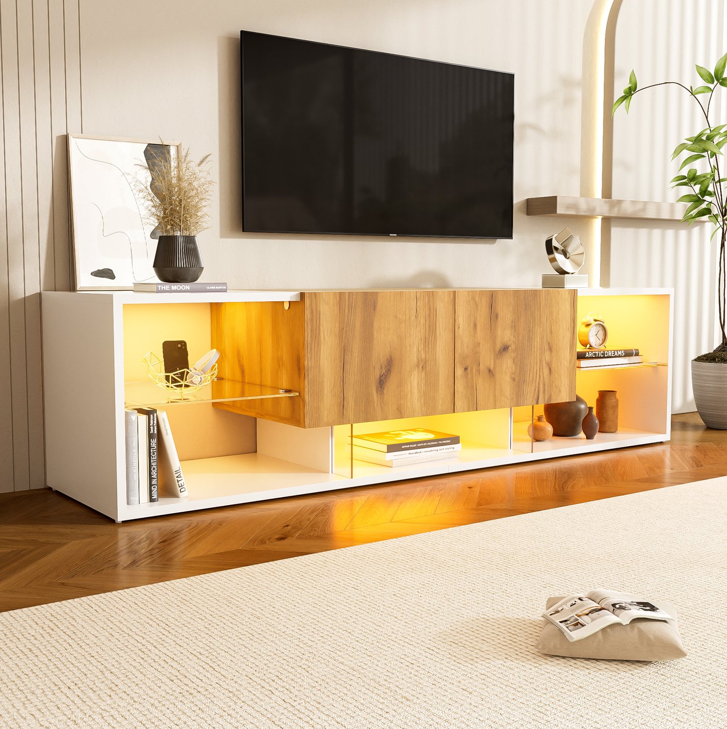 Maisentiel Tv-meubel met 2 lades en ledverlichting - 160 cm - wit en naturel houtkleur