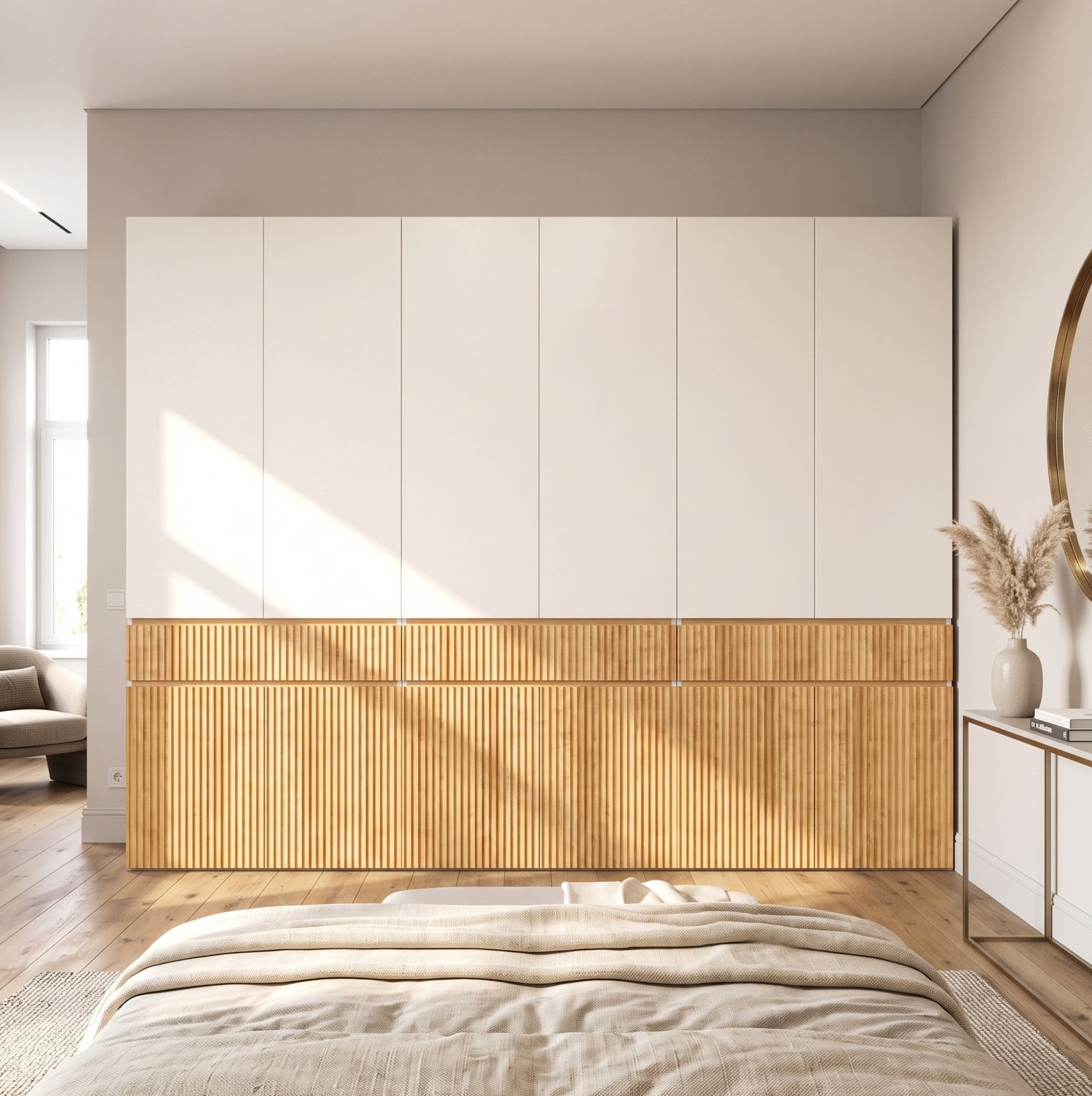 HAUSS SPOLE Kledingkast - 12 Draaideuren, 3 Kledingroedes en 3 Lades - Voor Slaapkamer en Hal - MDF - 270x50x200 cm - Lichte Eikenlook en Grijs Lichte eikenkleur en grijs