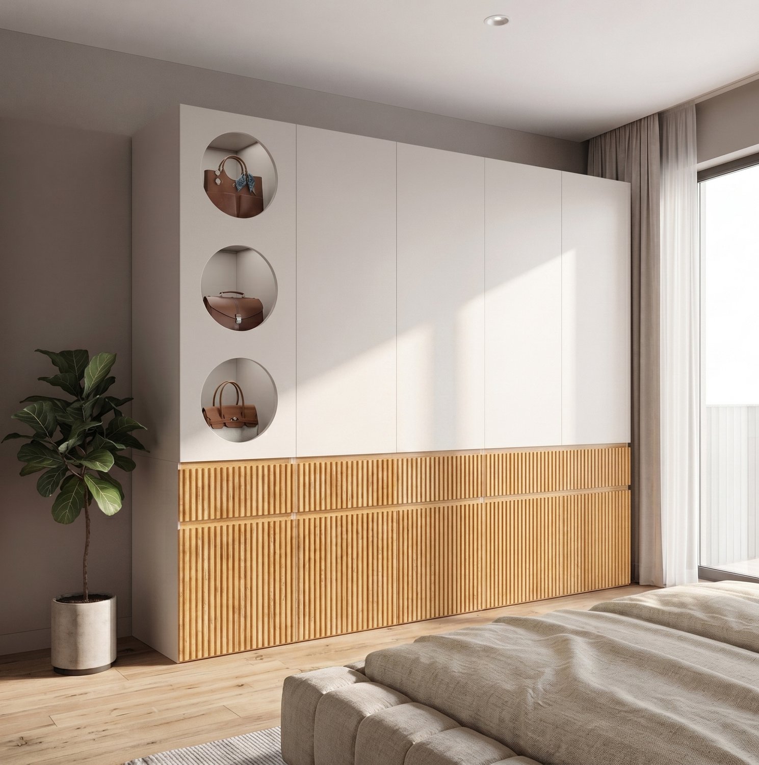 HAUSS SPOLE Kledingkast - 10 Deuren, 2 Kledingstangen En 3 Lades - Slaapkamer En Hal - MDF En Spaanplaat - 225x50x200 Cm - Lichte Eik En Grijs Lichte eikenkleur