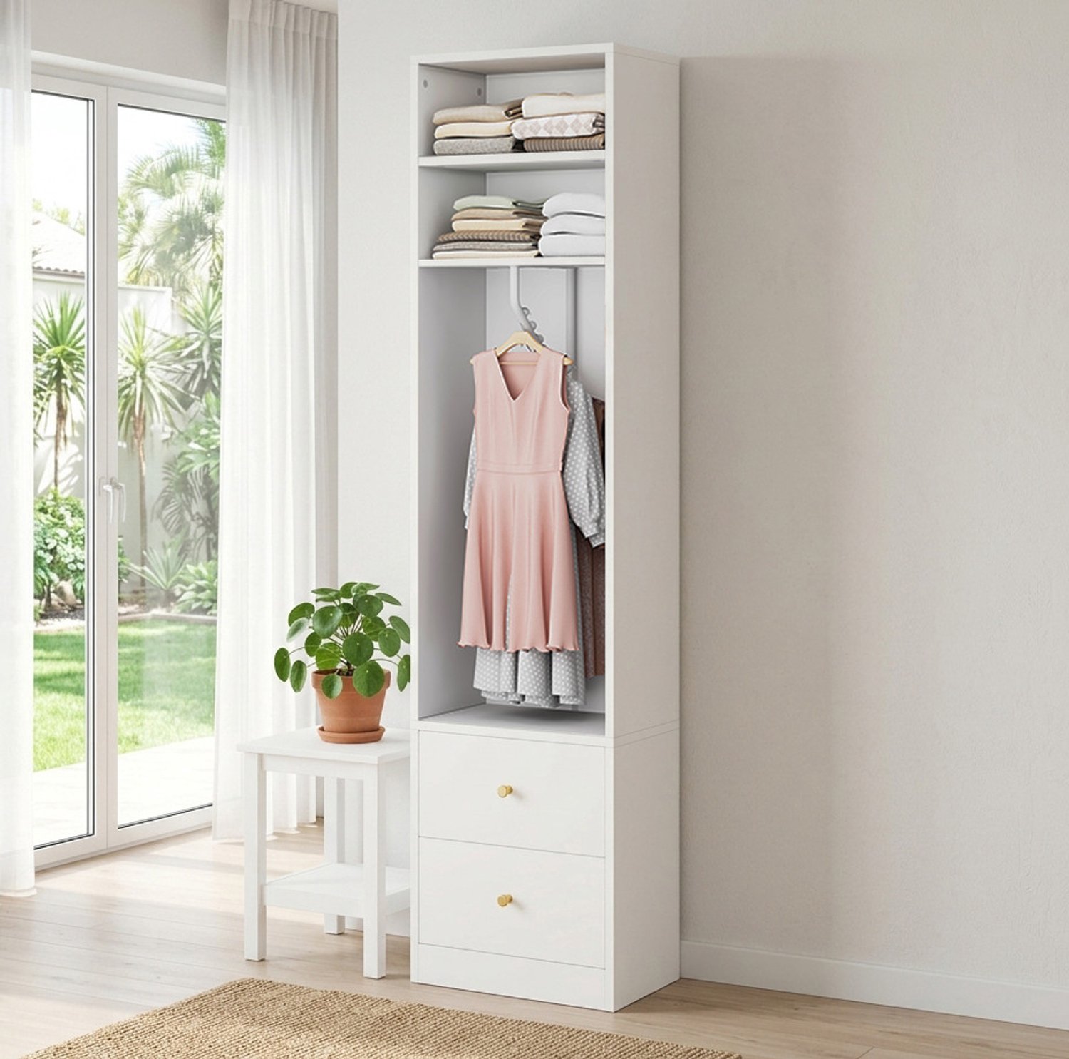 HAUSS SPOLE Kledingkast - Smal met 2 Lades, Kledingstang en 2 Open Vakken - voor Slaapkamer en Kinderkamer - MDF en Staal - Wit - 50x30x200 cm