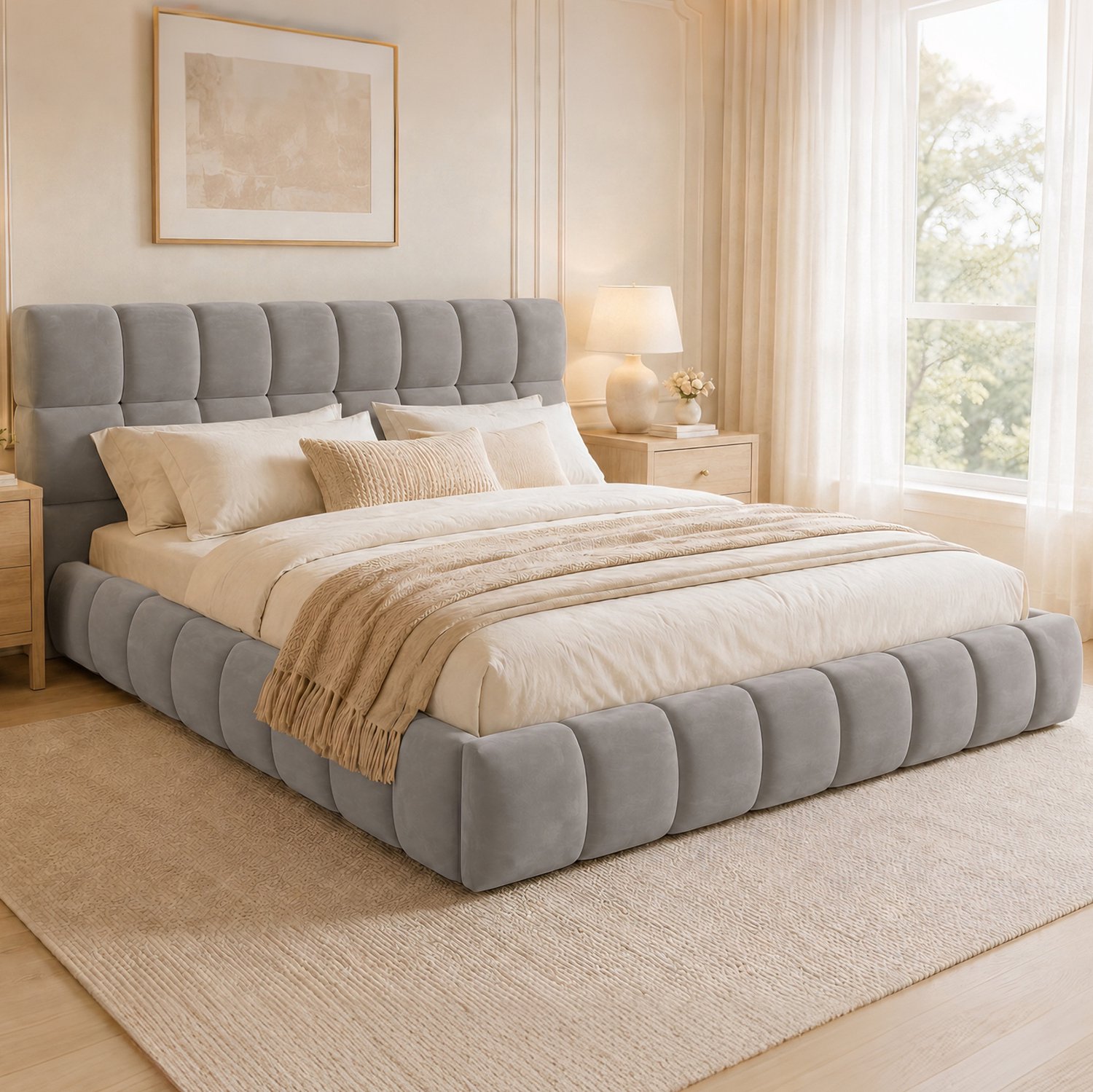 Maisentiel Gestoffeerd bed 140 x 200 cm - Grijs fluweel - Met lattenbodem