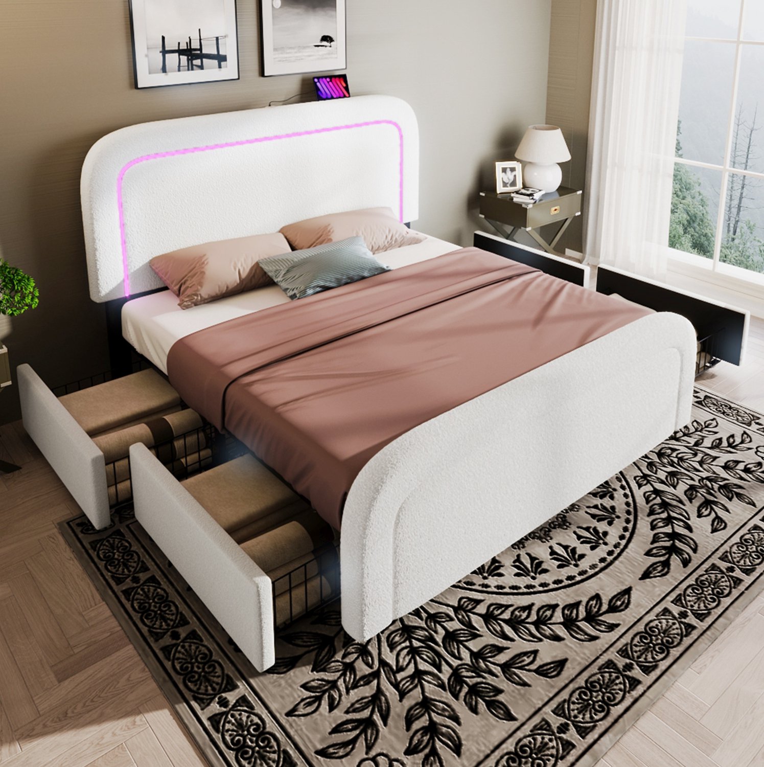 Maisentiel Gestoffeerd tweepersoonsbed 160 x 200 cm - wit - 4 lades, ledverlichting en USB-C