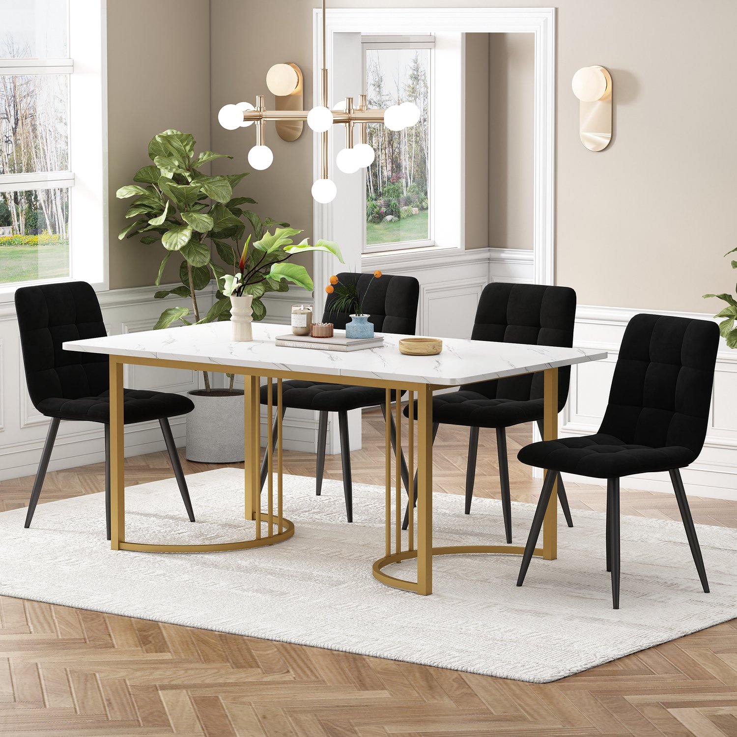 Vovtenza eetkamerset set van 5 - 140×80cm eettafel met 4 stoelen - Wit MDF - Goudkleurig metalen poten - 46x44x86cm zwart eetkamerstoel Zwart+goud