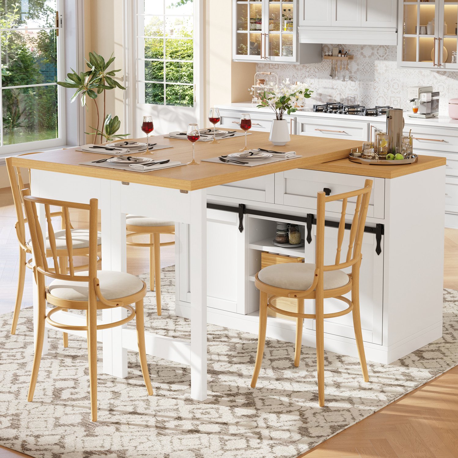 Maisentiel Draaibaar keukeneiland en eettafel met schuifdeuren en 2 lades - 120-197 cm - wit