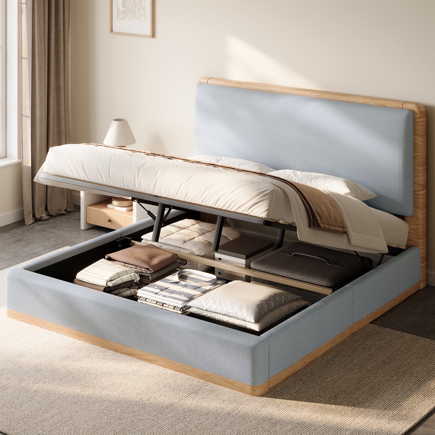 PHOEBE CAT Tweepersoonsbed - 140 x 200 cm - Houten bedframe - Gestoffeerd hoofdeinde - Met opbergruimte - Grijs + Naturel