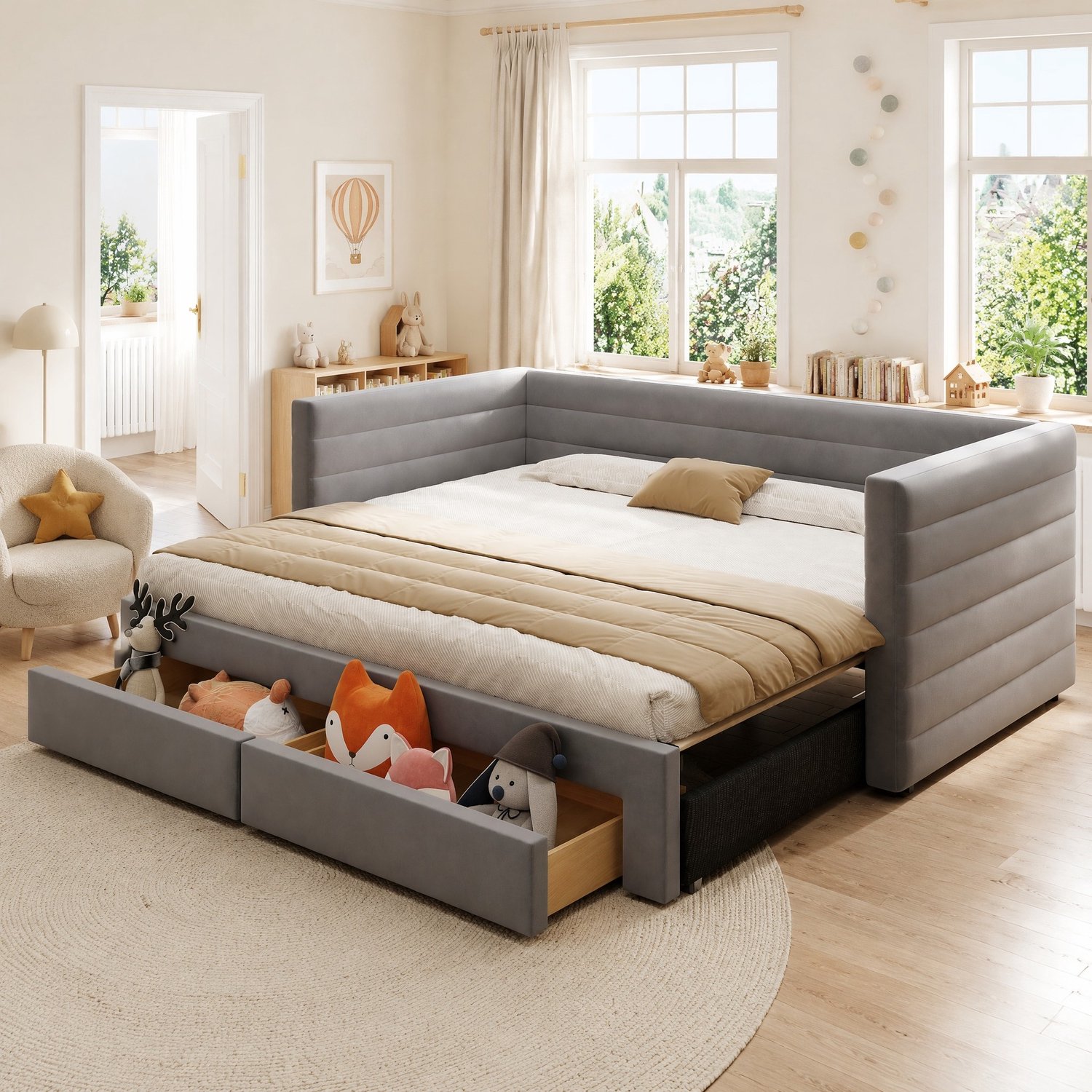 Maisentiel Uitschuifbare bedbank 90 x 190 cm – uit te breiden tot 180 x 190 cm – grijs